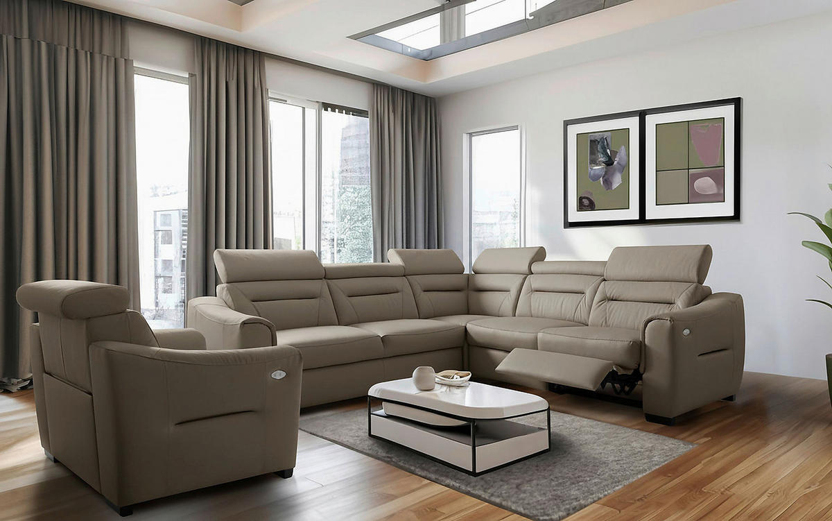 ECKSOFA Schlammfarben Echtleder Lederlook Schlaffunktion, Rücken echt, Relaxfunktion, Kopfteilverstellung  - Wengefarben/Schlammfarben, Design, Leder/Holz (260/260cm) - Celina Home