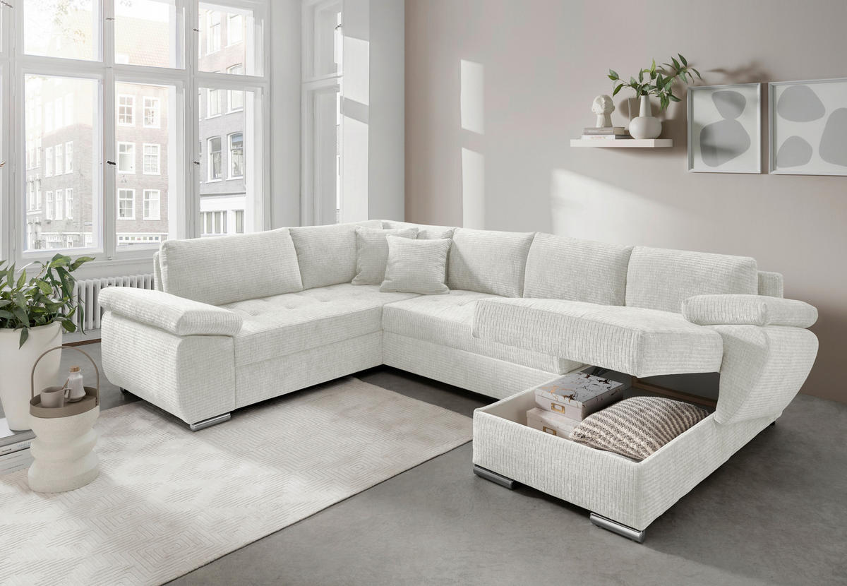 Wohnlandschaft Creme Mikrofaser  - Chromfarben/Creme, KONVENTIONELL, Textil/Metall (219/305/157cm) - Livetastic