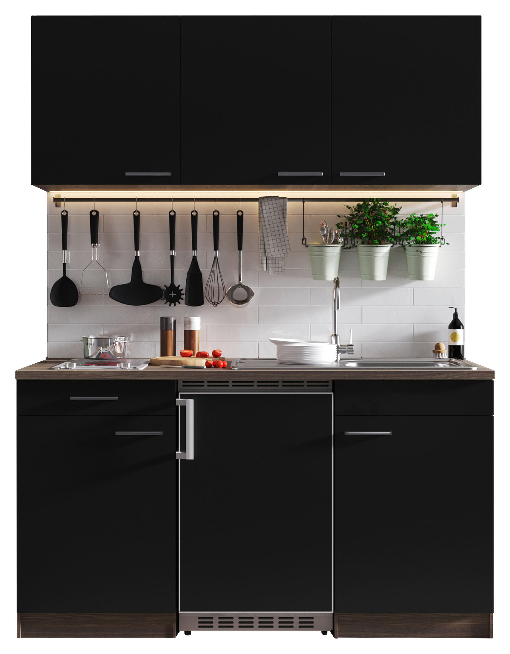 MINIKÜCHE 150 cm   in Schwarz  - Eichefarben/Alufarben, Basics, Holzwerkstoff/Kunststoff (150cm) - Respekta