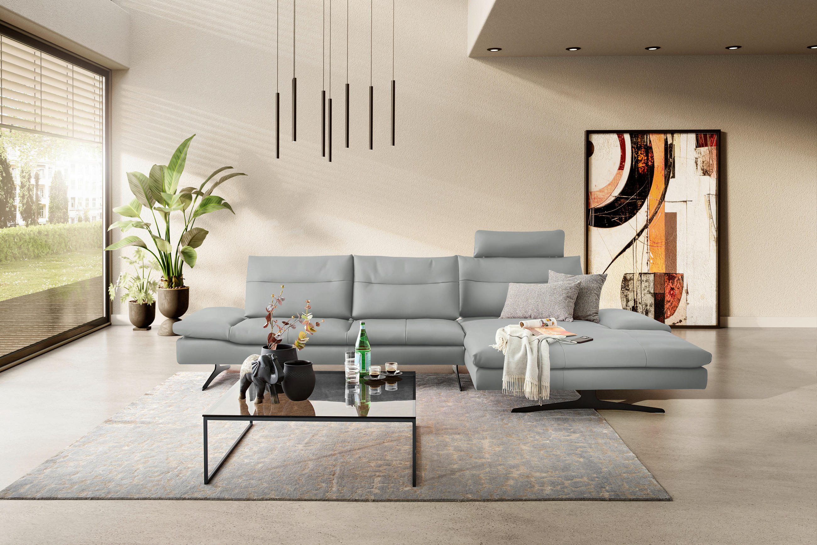 ECKSOFA in Echtleder Grau  - Schwarz/Grau, Modern, Leder/Metall (342/158cm) - Chilliano