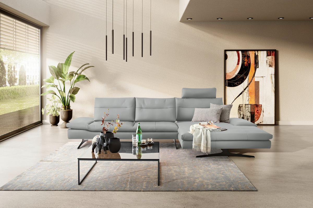 ECKSOFA in Echtleder Grau  - Schwarz/Grau, Modern, Leder/Metall (342/158cm) - Chilliano