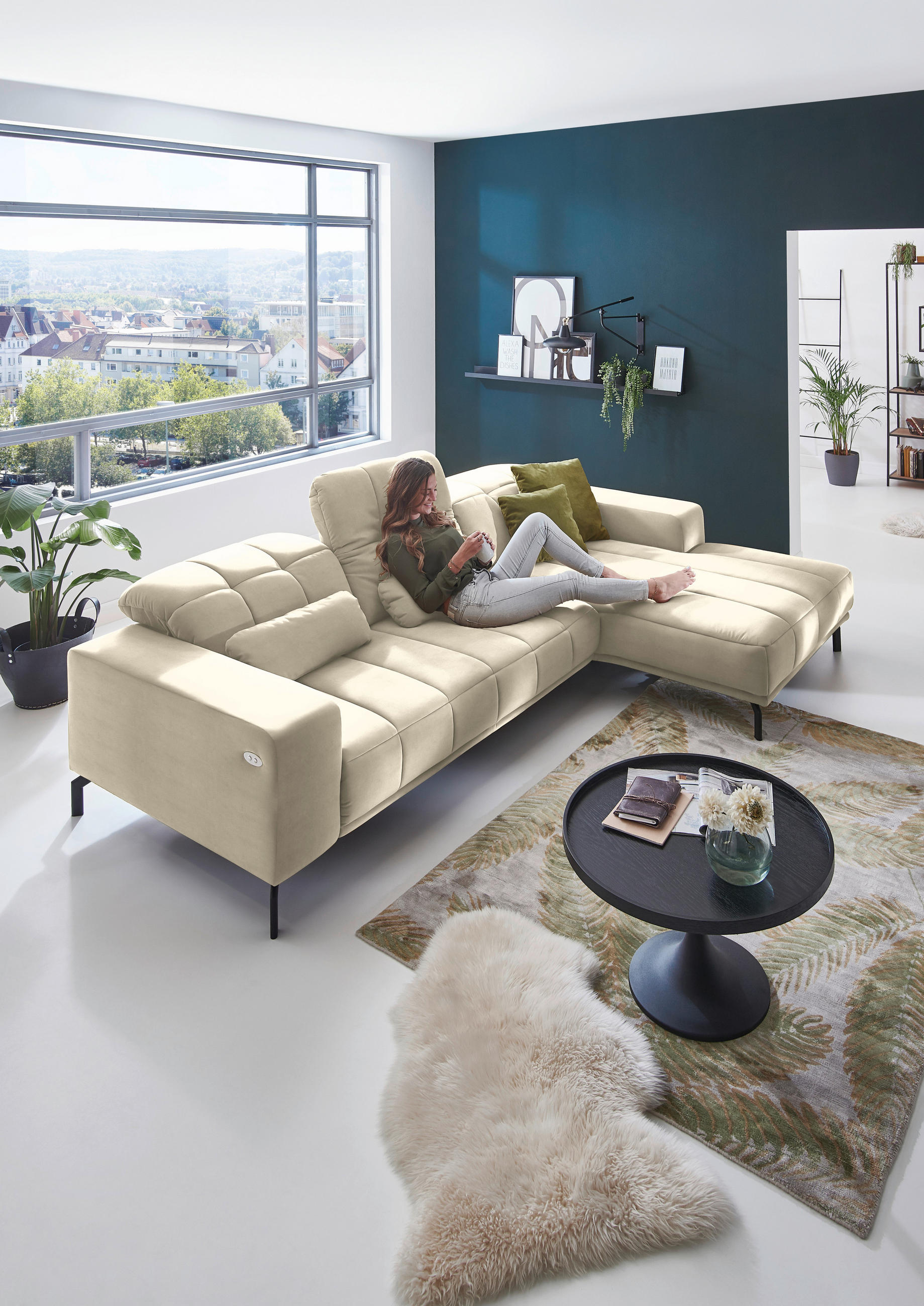 ECKSOFA in Velours Creme  - Creme/Schwarz, Design, Textil/Metall (293/195cm) - Beldomo Style
