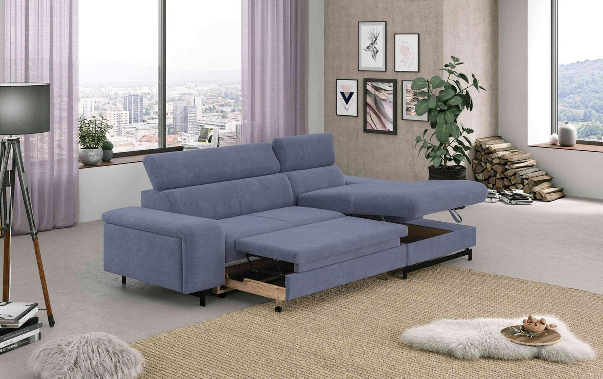 ECKSOFA in Chenille Blau  - Blau/Schwarz, Textil/Metall (267/165cm) - MID.YOU