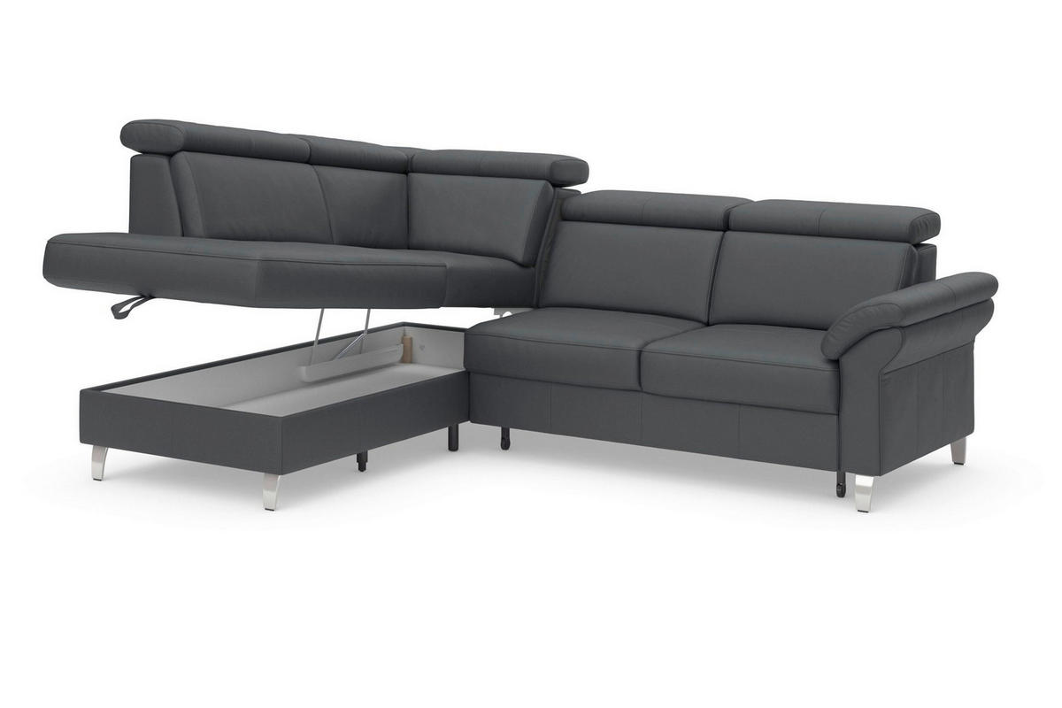 ECKSOFA ARNGAST E Schwarz Kombination Echtleder/Stoff Mikrofaser Bettkasten, Kopfteilverstellung  - Chromfarben/Schwarz, Basics, Leder/Textil (194/245cm) - Sit & More