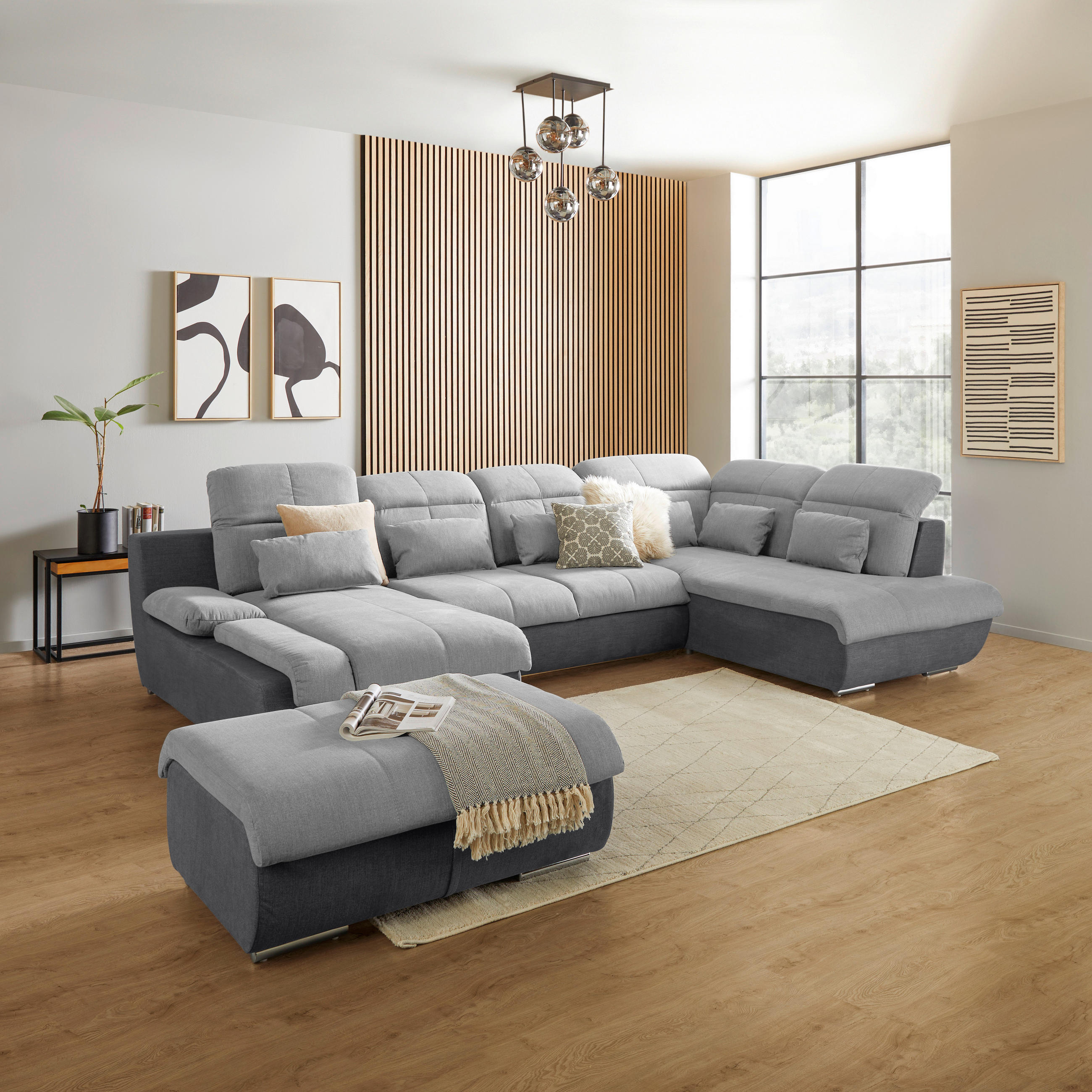 HOCKER in Textil Hellgrau, Dunkelgrau, Grau  - Chromfarben/Dunkelgrau, Modern, Textil/Metall (100/43/80cm) - MID.YOU