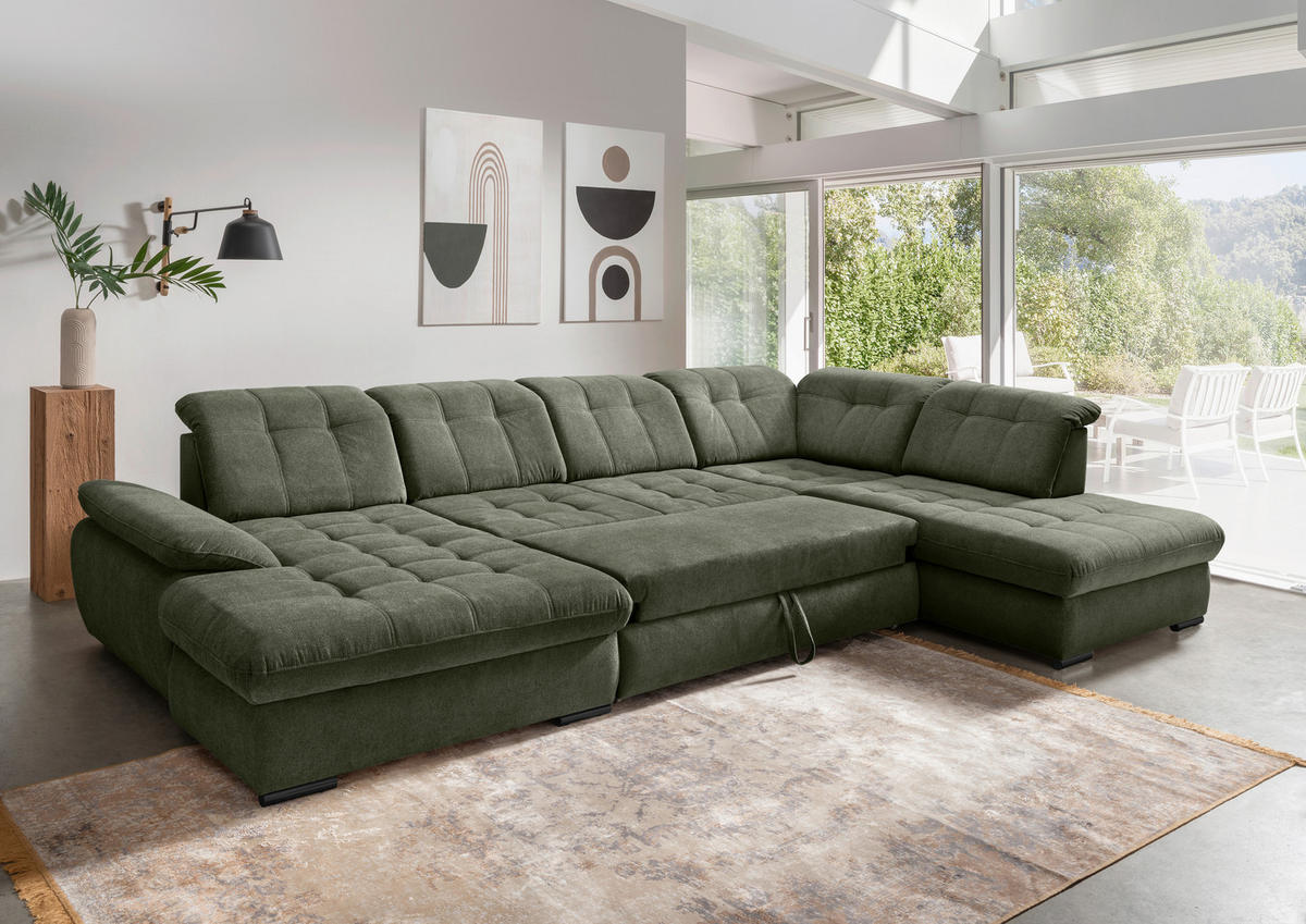 WOHNLANDSCHAFT in Chenille Dunkelgrün  - Dunkelgrün/Schwarz, Modern, Textil/Metall (184/387/252cm) - Livetastic