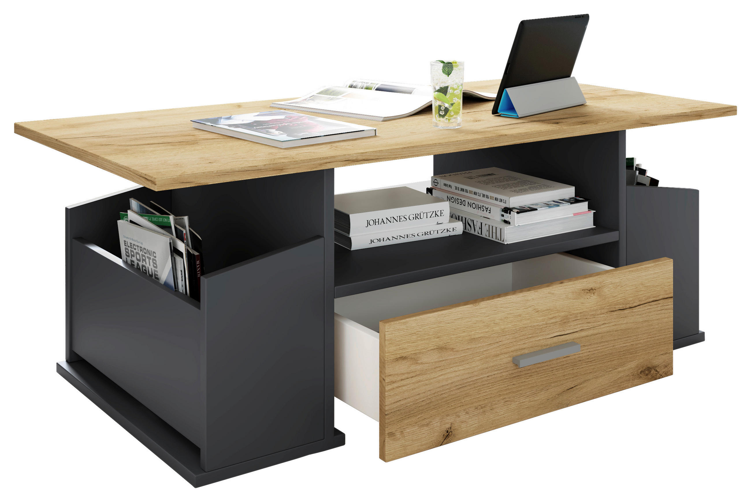 Thumbnail - Mid.you Couchtisch Junata, Anthrazit, Honigeiche, Kunststoff, 1 Schubladen, rechteckig, Bodenplatte, 52x44x110 cm, Staur...