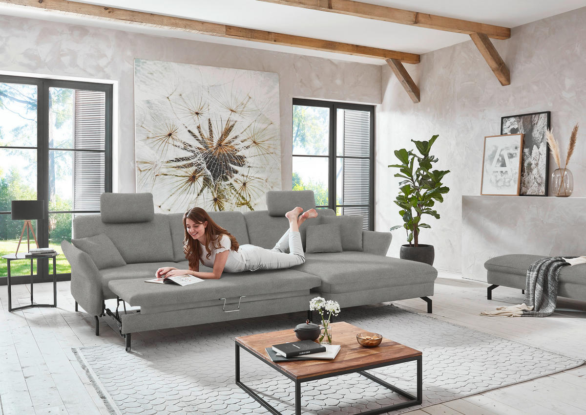 ECKSOFA in Velours Hellgrau  - Hellgrau/Schwarz, Design, Textil/Metall (306/179cm) - Beldomo System