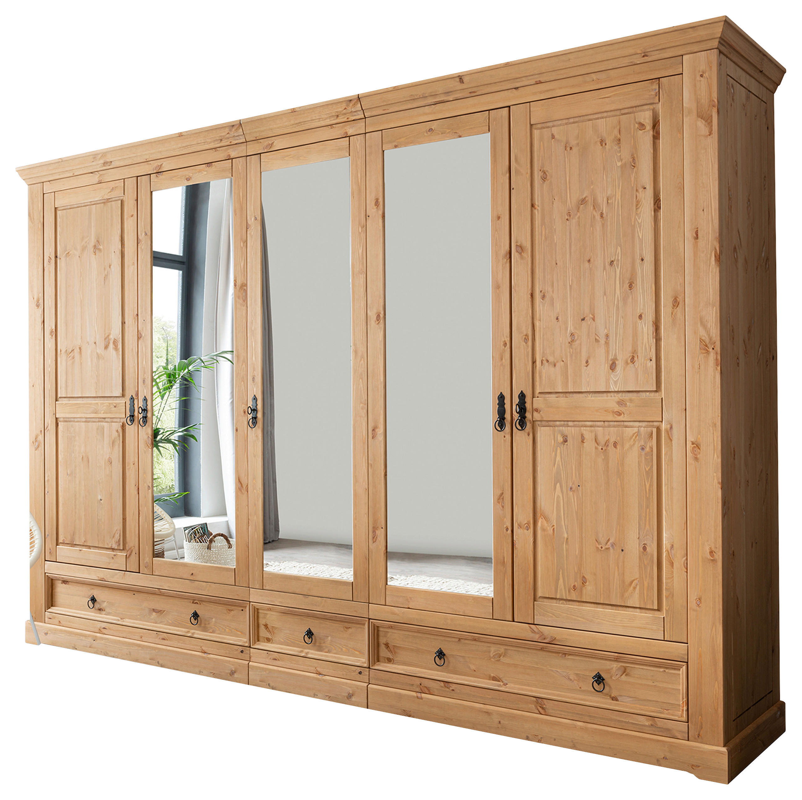 KLEIDERSCHRANK 5-türig Kiefer massiv Kieferfarben - Schwarz/Kieferfarben, KONVENTIONELL, Holz/Metall (310/215/62cm) - Livetastic