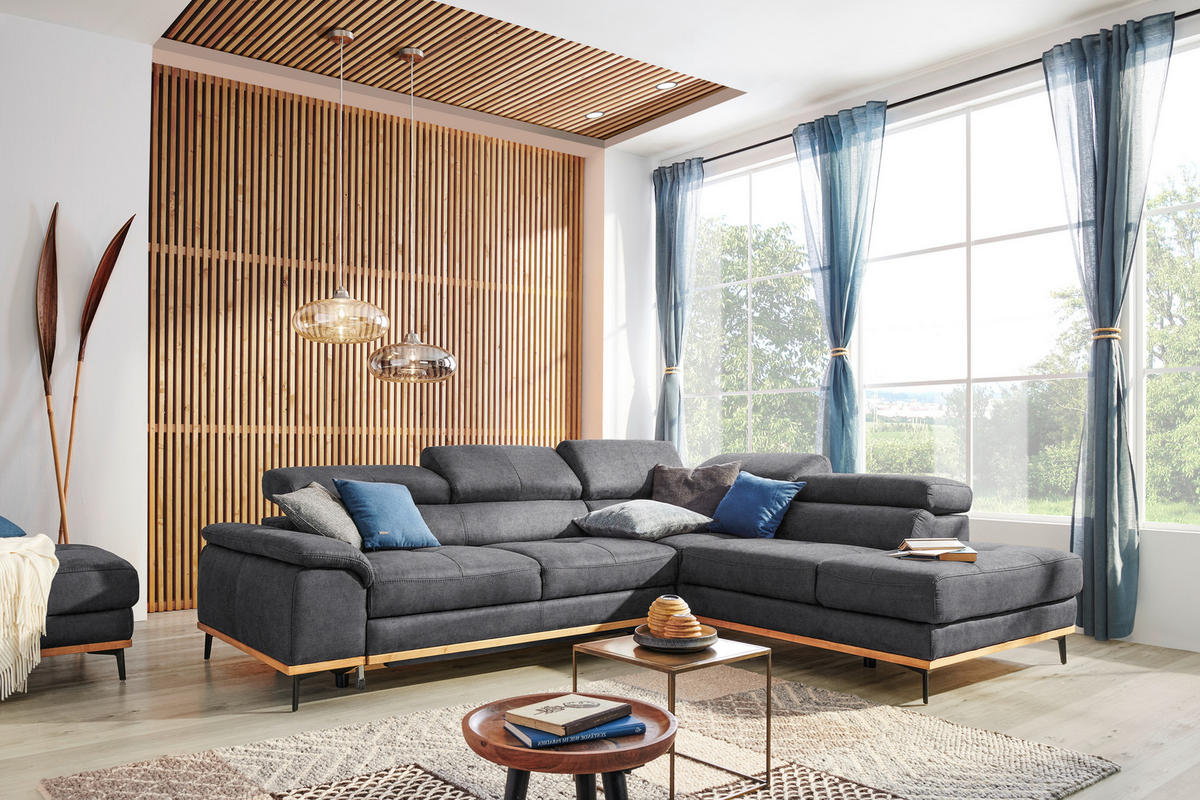 ECKSOFA Grau Webstoff  - Schwarz/Grau, Natur, Holz/Textil (282/226cm) - Novel