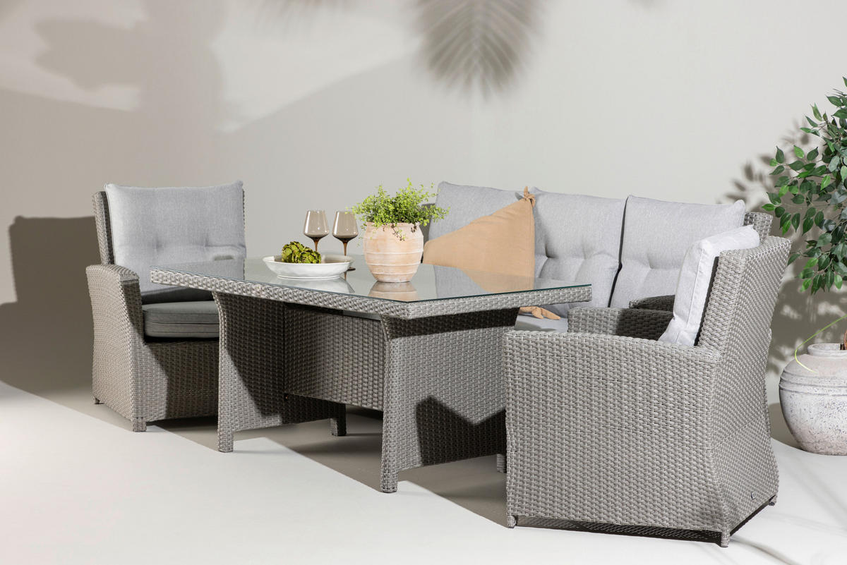 DINING-LOUNGESET  - Grau, KONVENTIONELL, Glas/Kunststoff - Gardenson