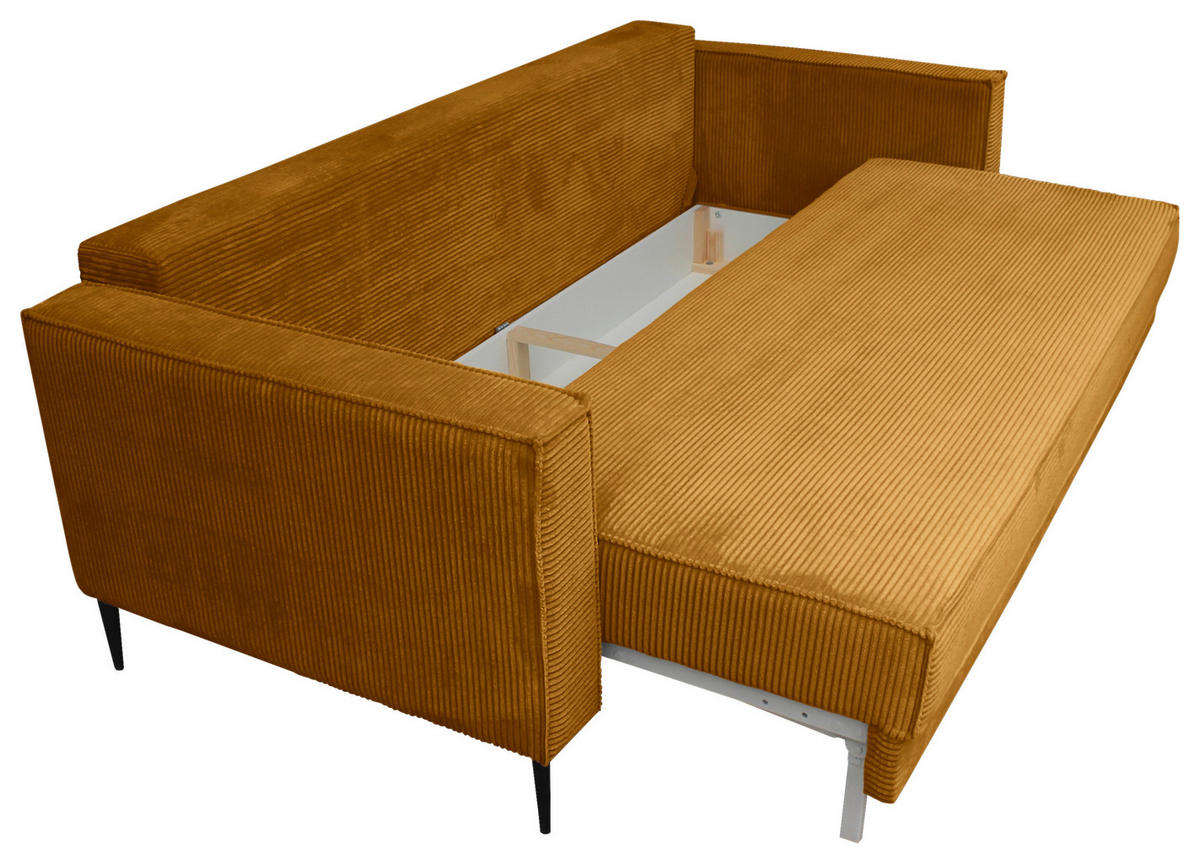 SCHLAFSOFA  mit Liegefunktion, Rücken echt, haustierfreundlicher Bezug Cord Currygelb  - Currygelb/Schwarz, KONVENTIONELL, Textil/Metall (222/93/98cm) - Carryhome