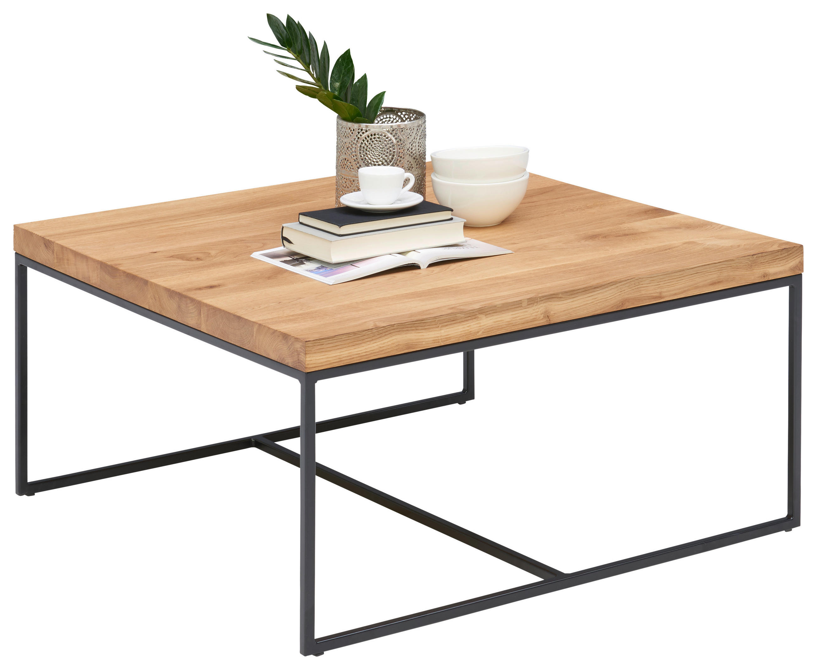 COUCHTISCH Eiche massiv 80/80/40 cm quadratisch Schwarz, Eichefarben  - Eichefarben/Schwarz, Design, Holz/Metall (80/80/40cm) - Novel