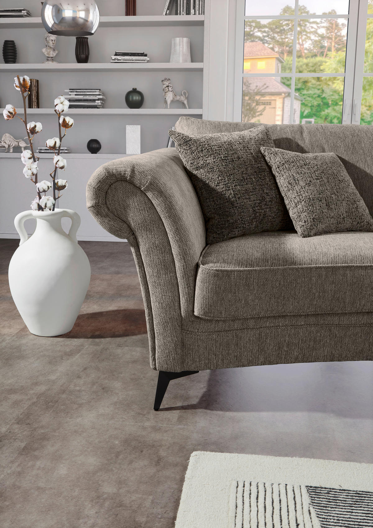 MEGASOFA Chenille Graubraun  - Graubraun/Schwarz, ROMANTIK / LANDHAUS, Textil/Metall (273/50/79/125cm) - Landscape