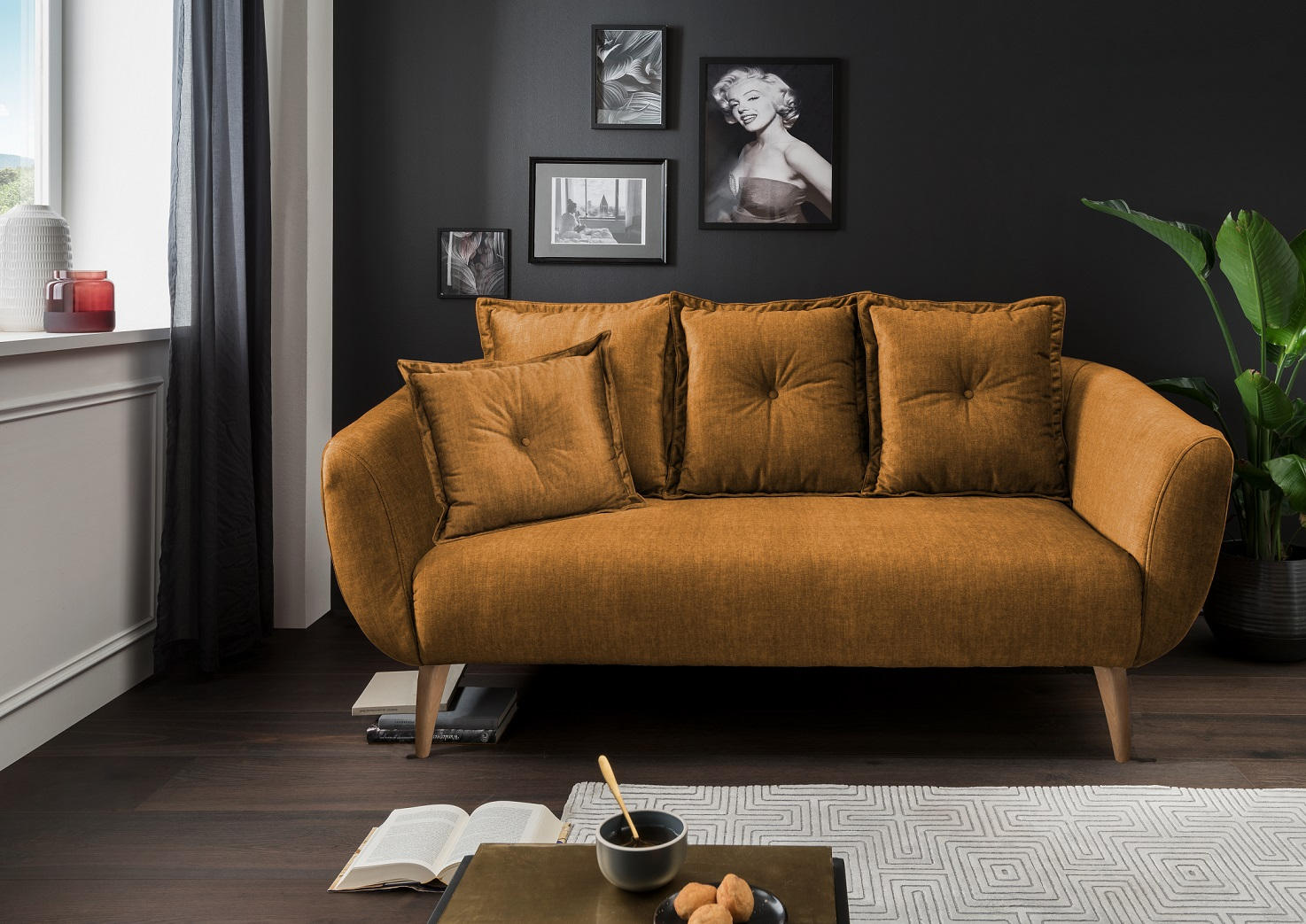 2,5-SITZER in Velours Gelb  - Gelb/Buchefarben, Modern, Holz/Textil (196/94/103cm) - Livetastic