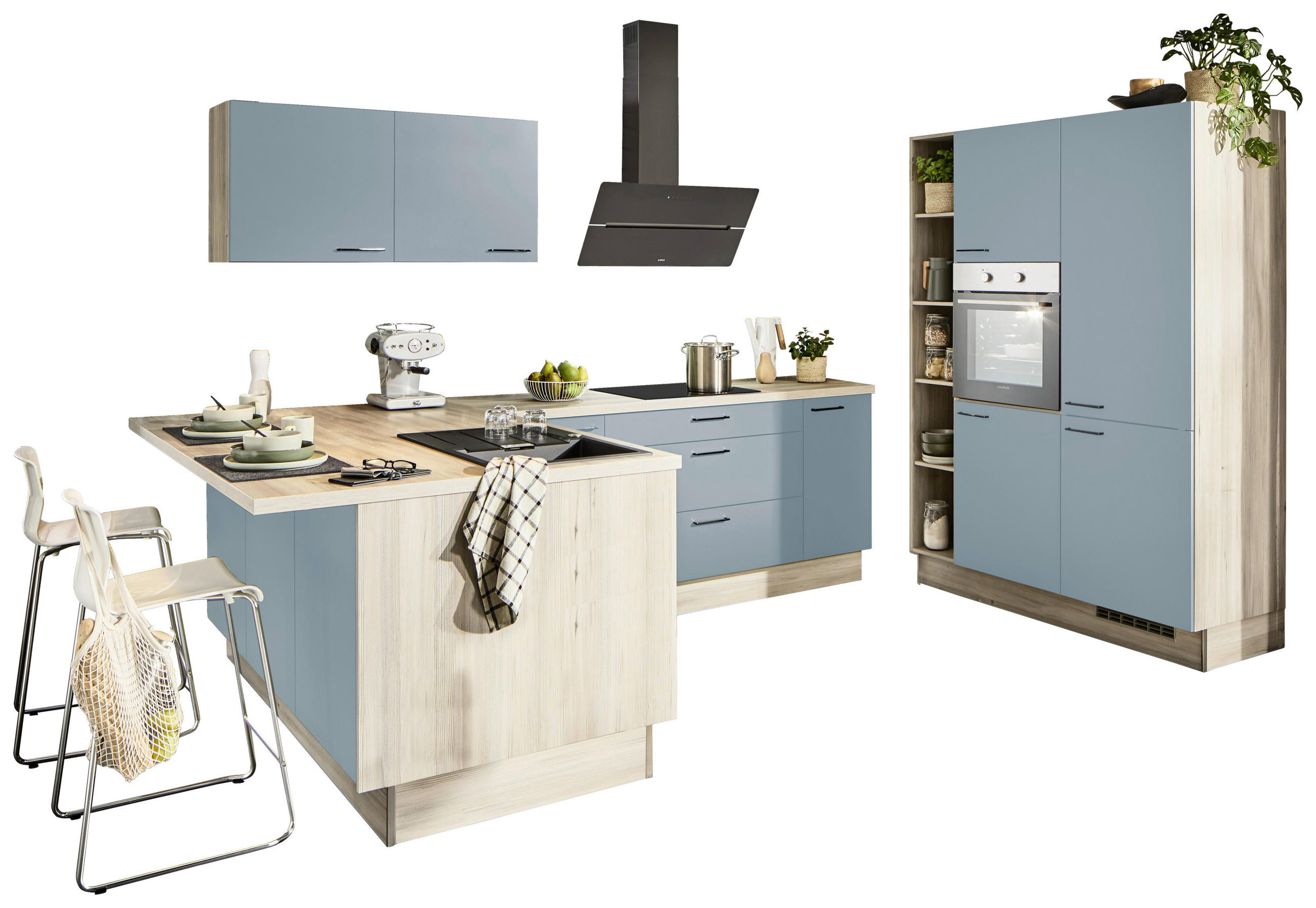 ECKKÜCHE  in Pastellblau, Tannenholzfarben  - Pastellblau/Tannenholzfarben, Design, Holzwerkstoff/Metall (121,6/280/150cm) - Xora