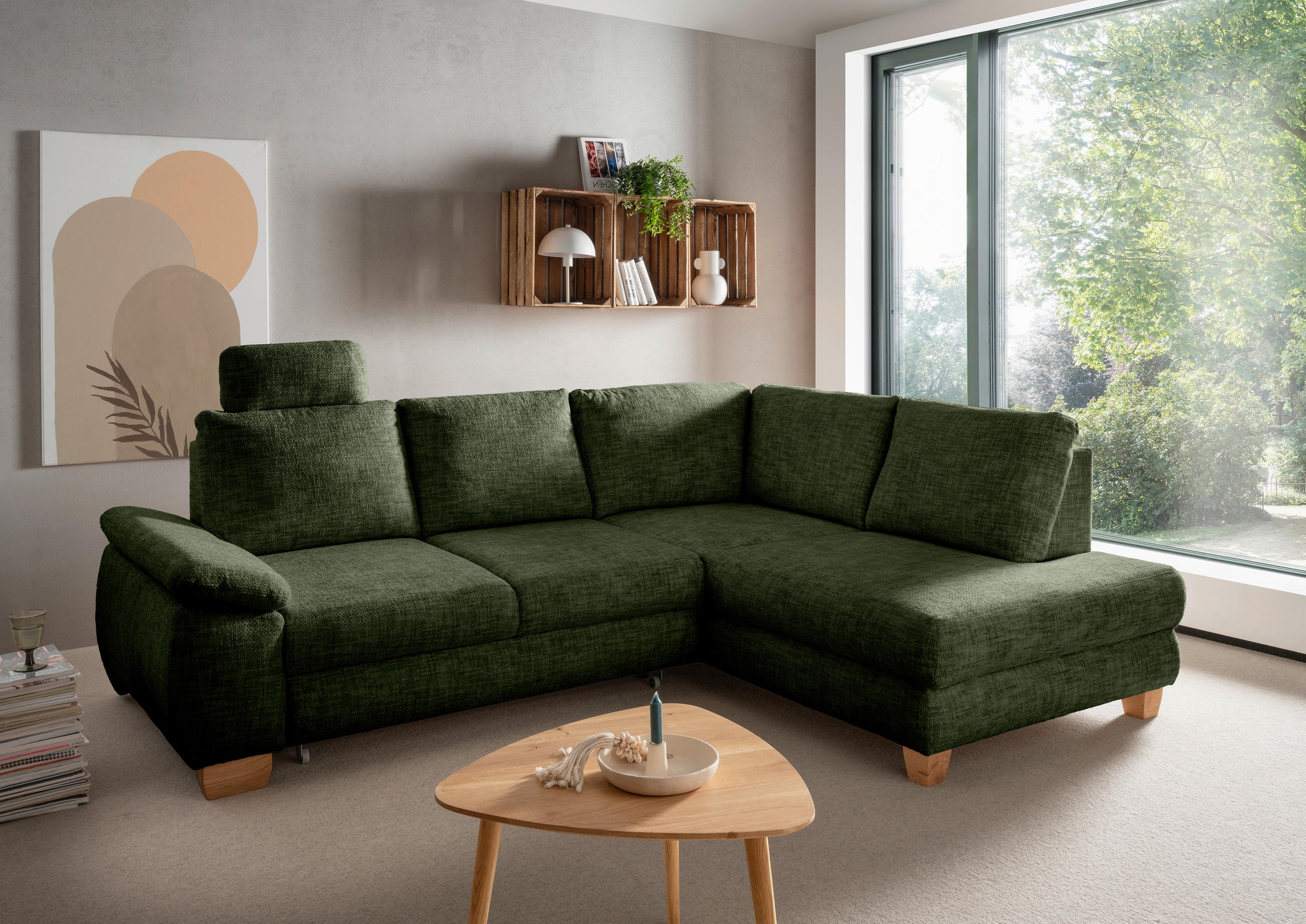 ECKSCHLAFSOFA Struktur Dunkelgrün  - Wildeiche/Dunkelgrün, Modern, Holz/Textil (265/206cm) - Livetastic