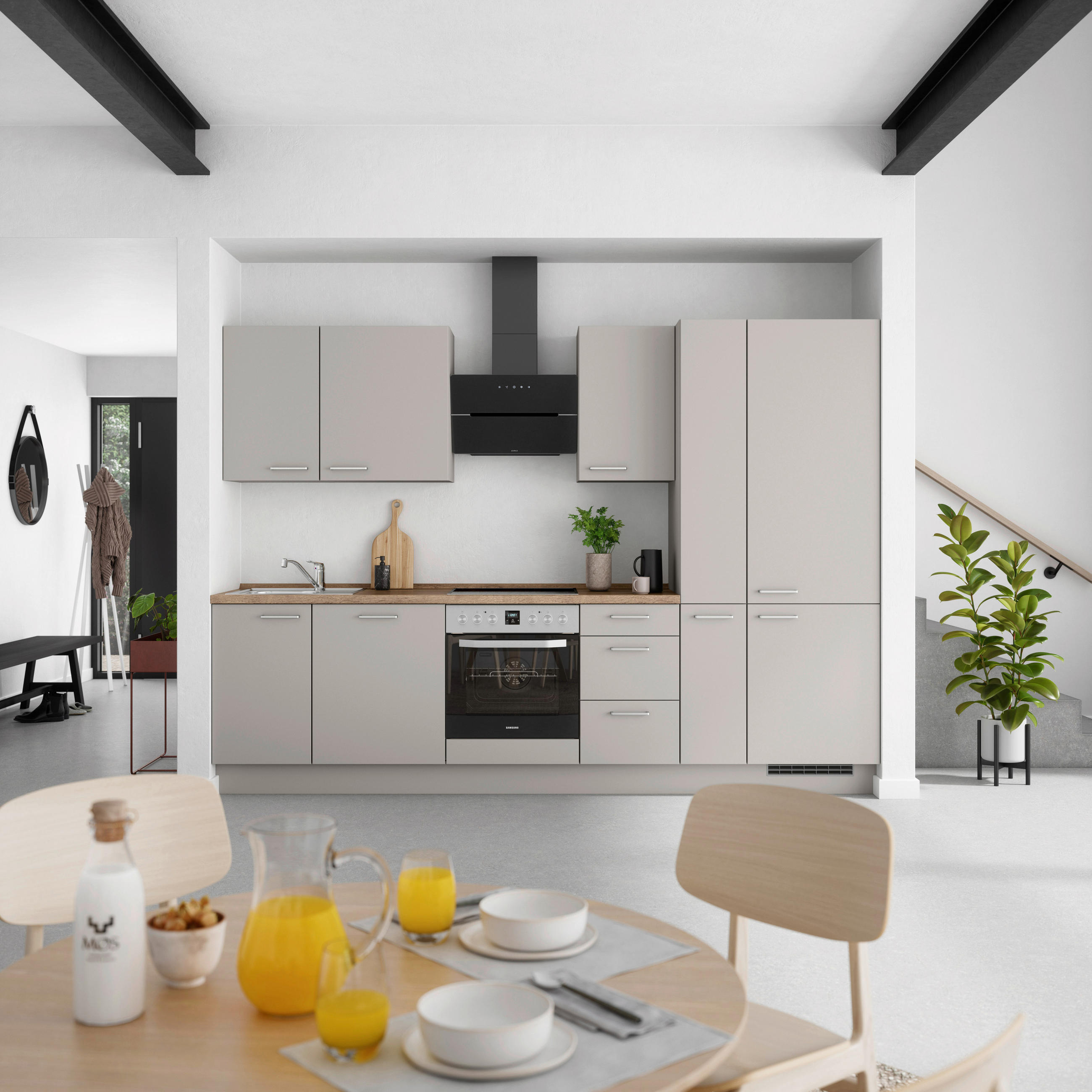 KÜCHENBLOCK 300 cm   in Grau, Eiche dunkel  - Eiche dunkel/Edelstahlfarben, MODERN, Holzwerkstoff/Metall (300cm) - Nobilia