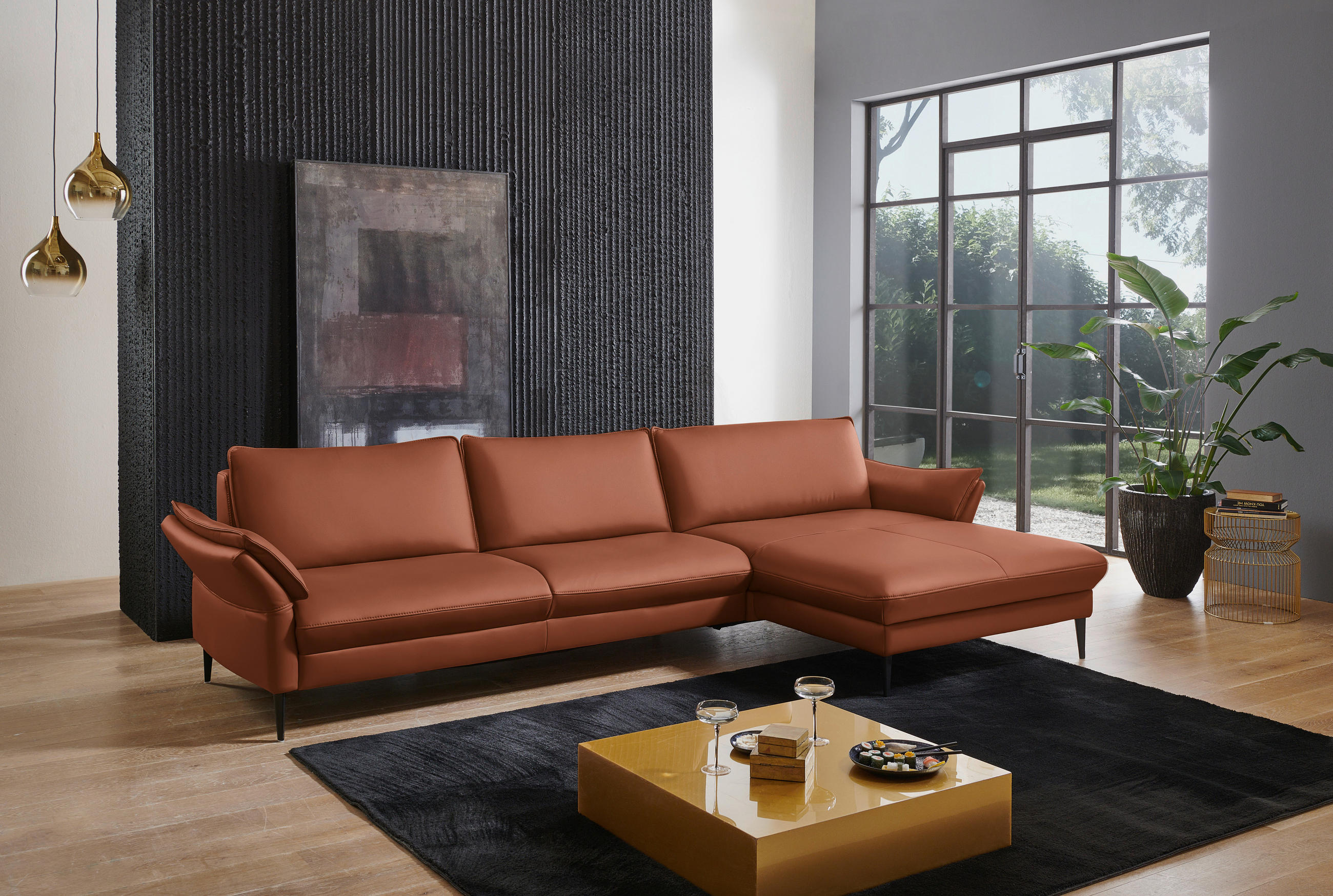 ECKSOFA in Echtleder Cognac  334/172 cm  - Cognac/Schwarz, Design, Leder/Metall (334/172cm) - Valdera