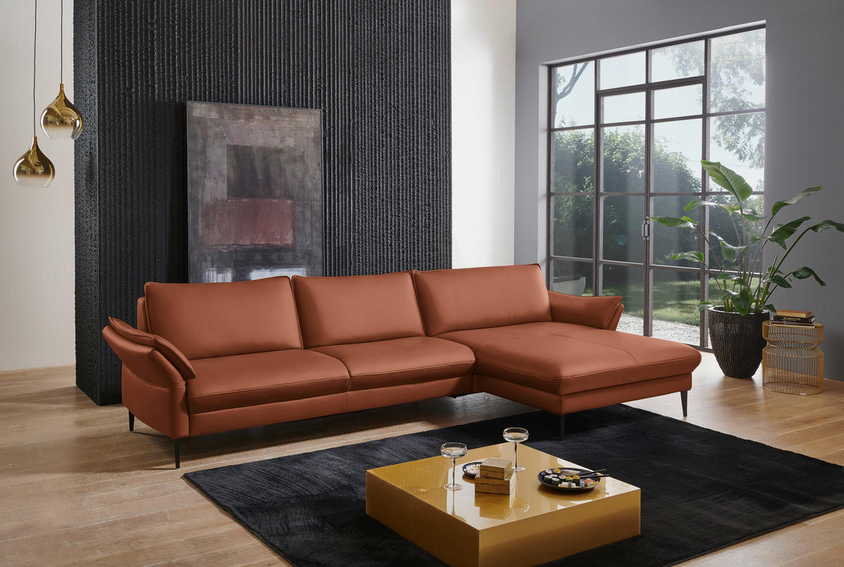 ECKSOFA in Echtleder Cognac  - Cognac/Schwarz, Design, Leder/Metall (334/172cm) - Valdera