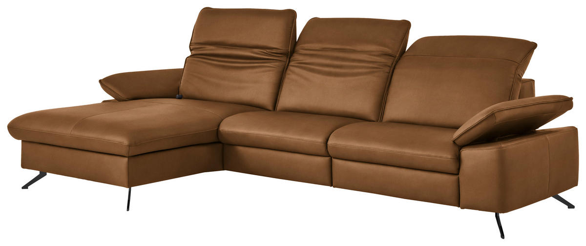 ECKSOFA  Echtleder Cognac  - Cognac/Schwarz, Design, Leder/Metall (169/307cm) - Beldomo Premium