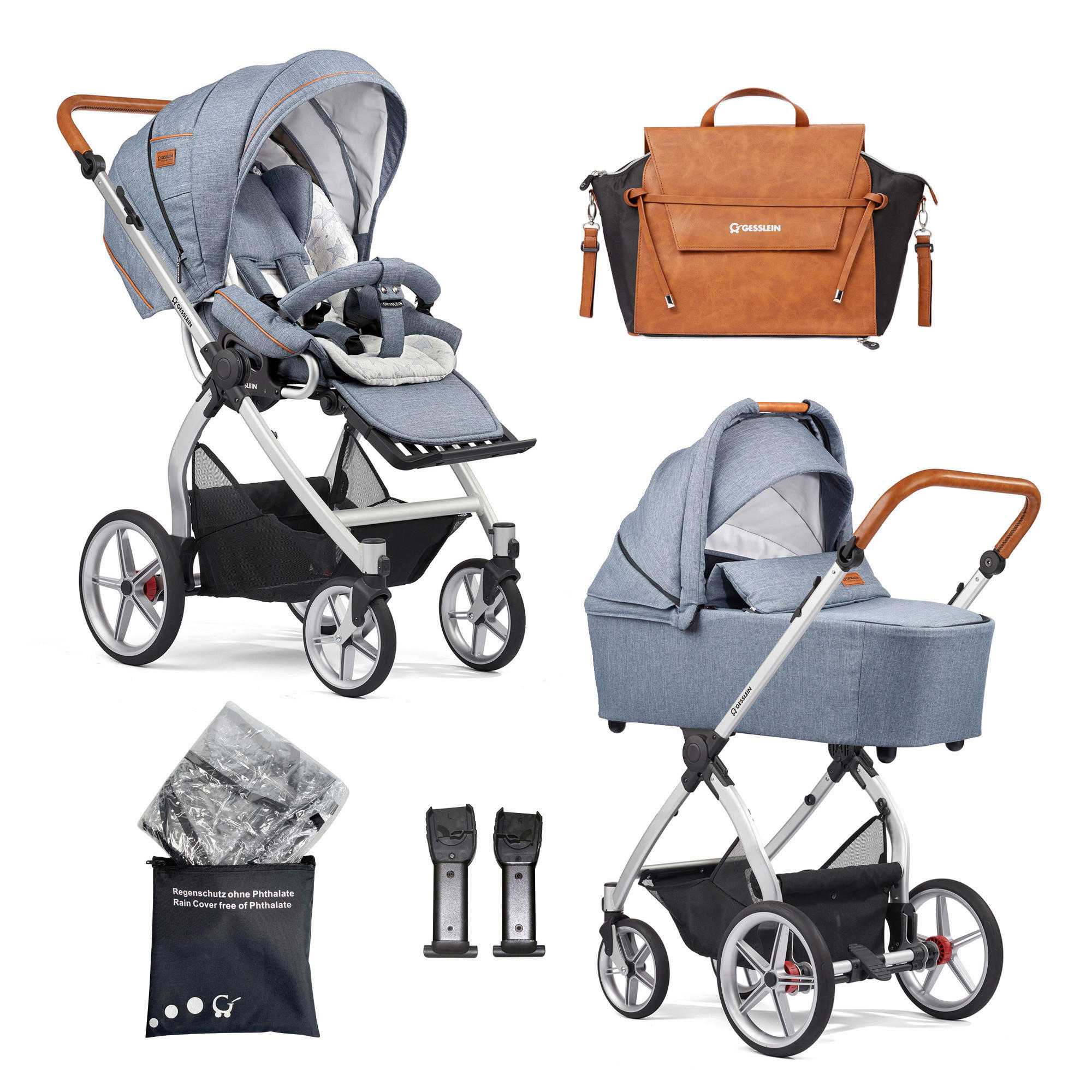 KINDERWAGENSET FX4 Classic  - Blau/Cognac, Basics, Textil/Metall (57/129/100cm) - Gesslein