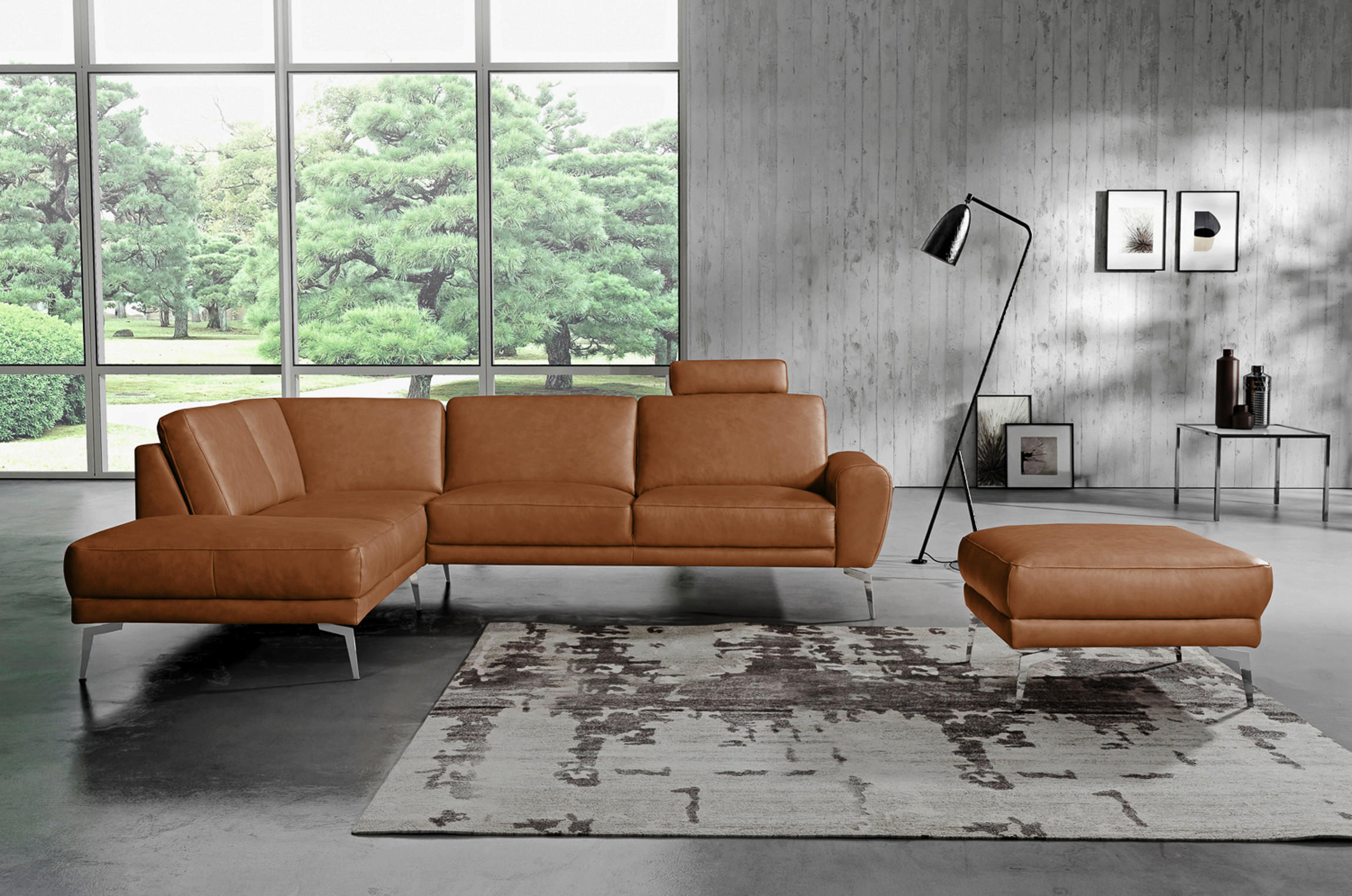 HOCKER in Leder Cognac - Chromfarben/Cognac, Design, Leder/Metall (96/45/80cm) - Livetastic