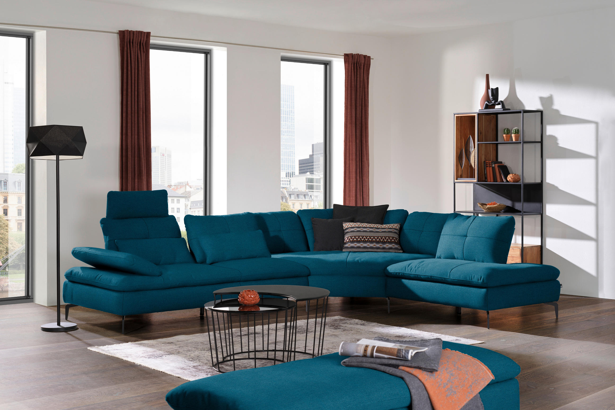 ECKSOFA in Flachgewebe Dunkelblau  - Schwarz/Dunkelblau, Design, Textil/Metall (344/271cm) - Chilliano