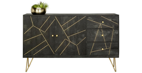 SIDEBOARD Akazie massiv Schwarz, Goldfarben  - Goldfarben/Schwarz, Trend, Holz/Metall (145/88/43cm) - Ambia Home