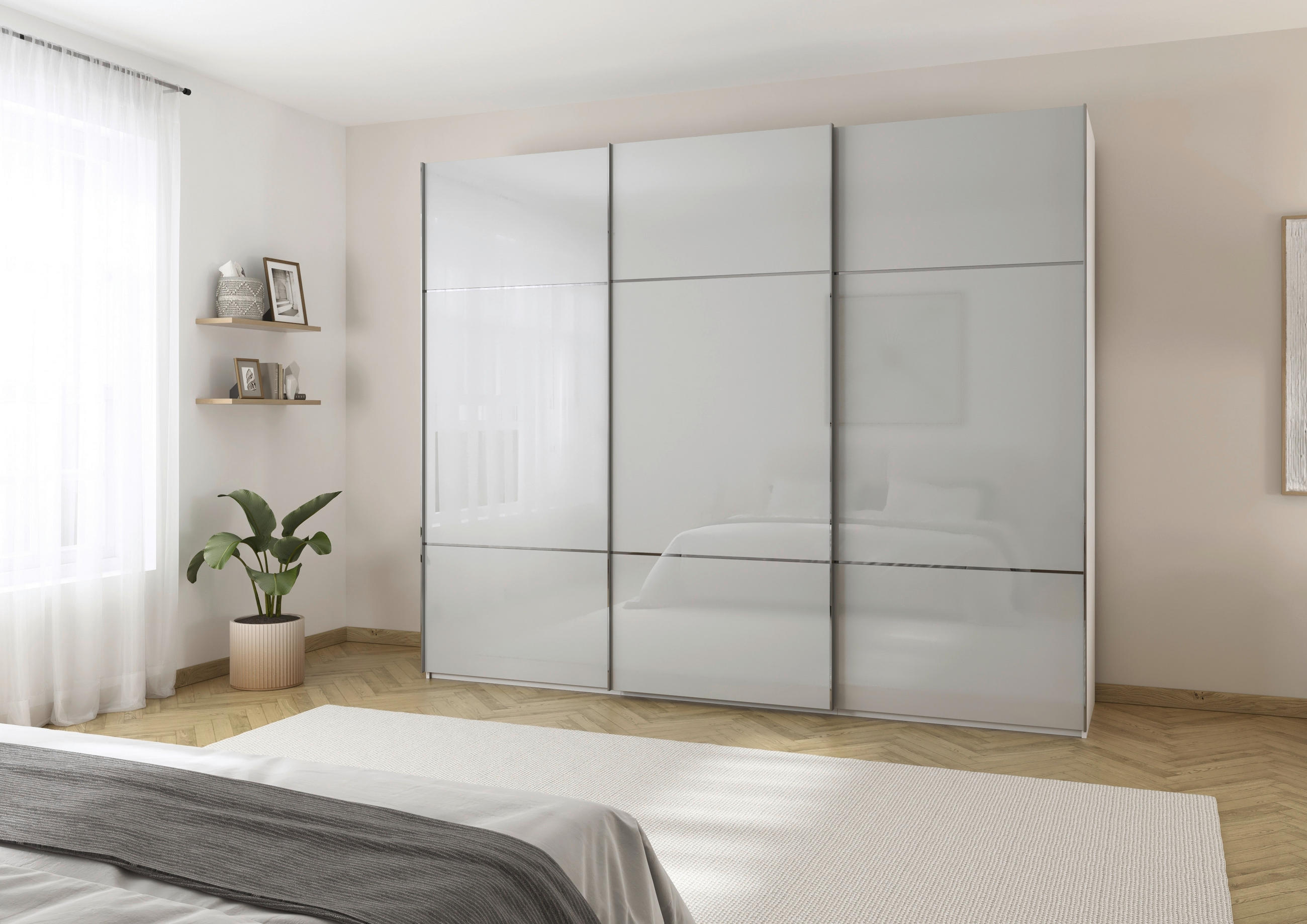 SCHWEBETÜRENSCHRANK in Grau, Weiss  - Chromfarben/Weiss, Konventionell, Glas/Holzwerkstoff (242/223/68cm) - Novel