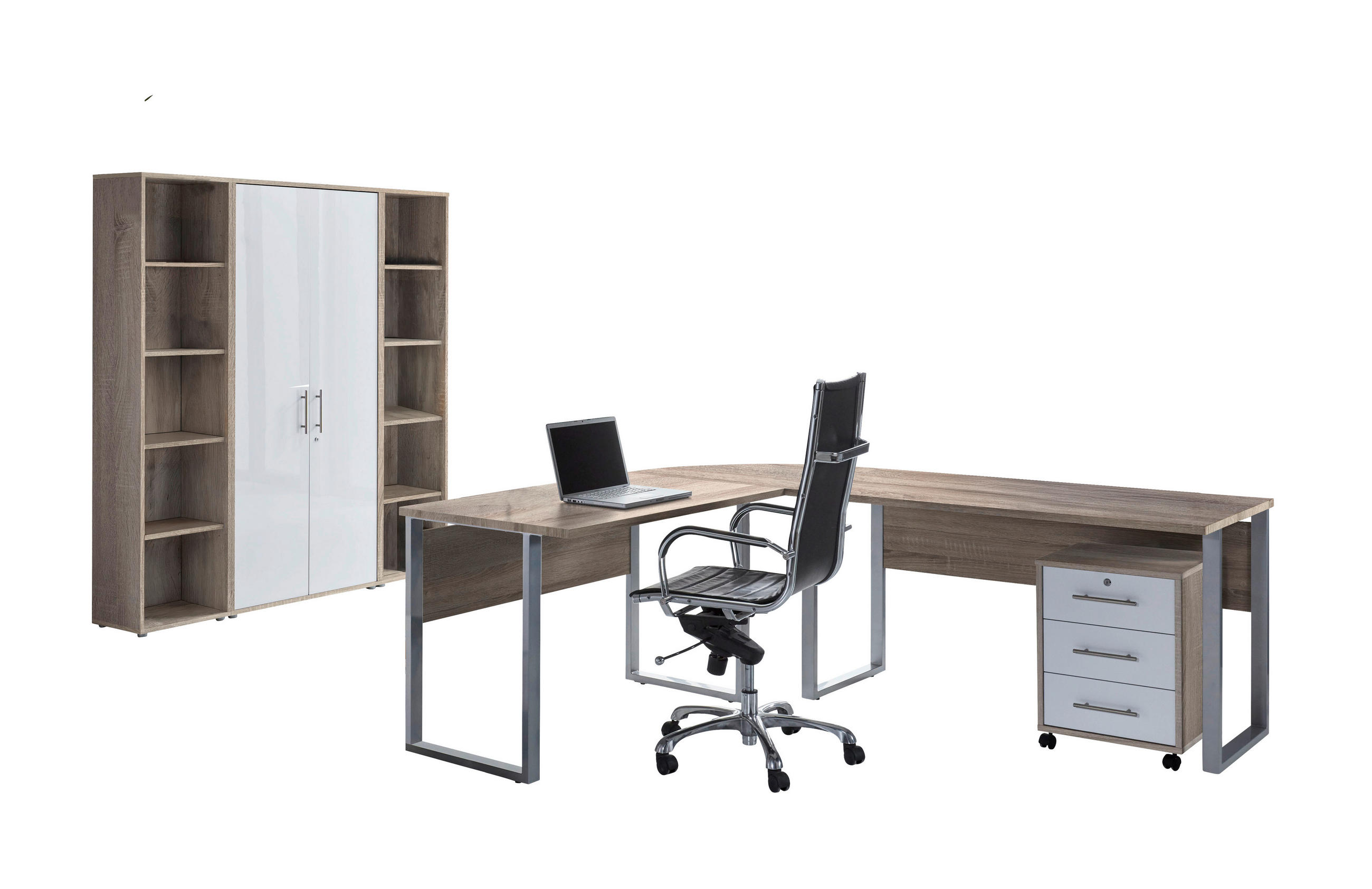 BÜRO erweiterbar, in verschiedenen Holz-Dekoren erhältlich, Schreibtisch seitenverkehrt montierbar, abschließbar Sonoma Eiche, Weiß Hochglanz - Weiß Hochglanz/Sonoma Eiche, MODERN, Holzwerkstoff - MID.YOU