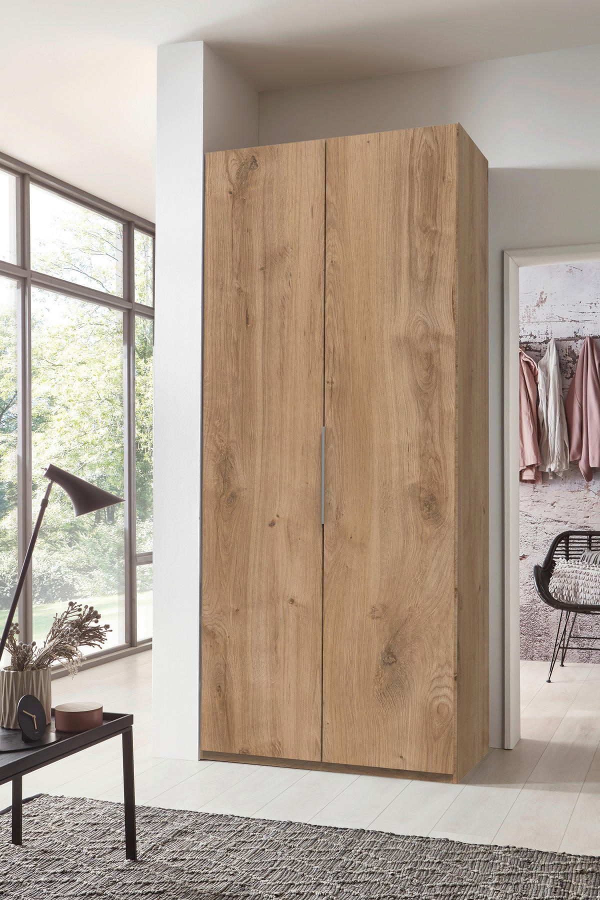 DREHTÜRENSCHRANK Plankeneiche  - Chromfarben/Plankeneiche, Modern, Holzwerkstoff/Metall (100/216/58cm) - MID.YOU