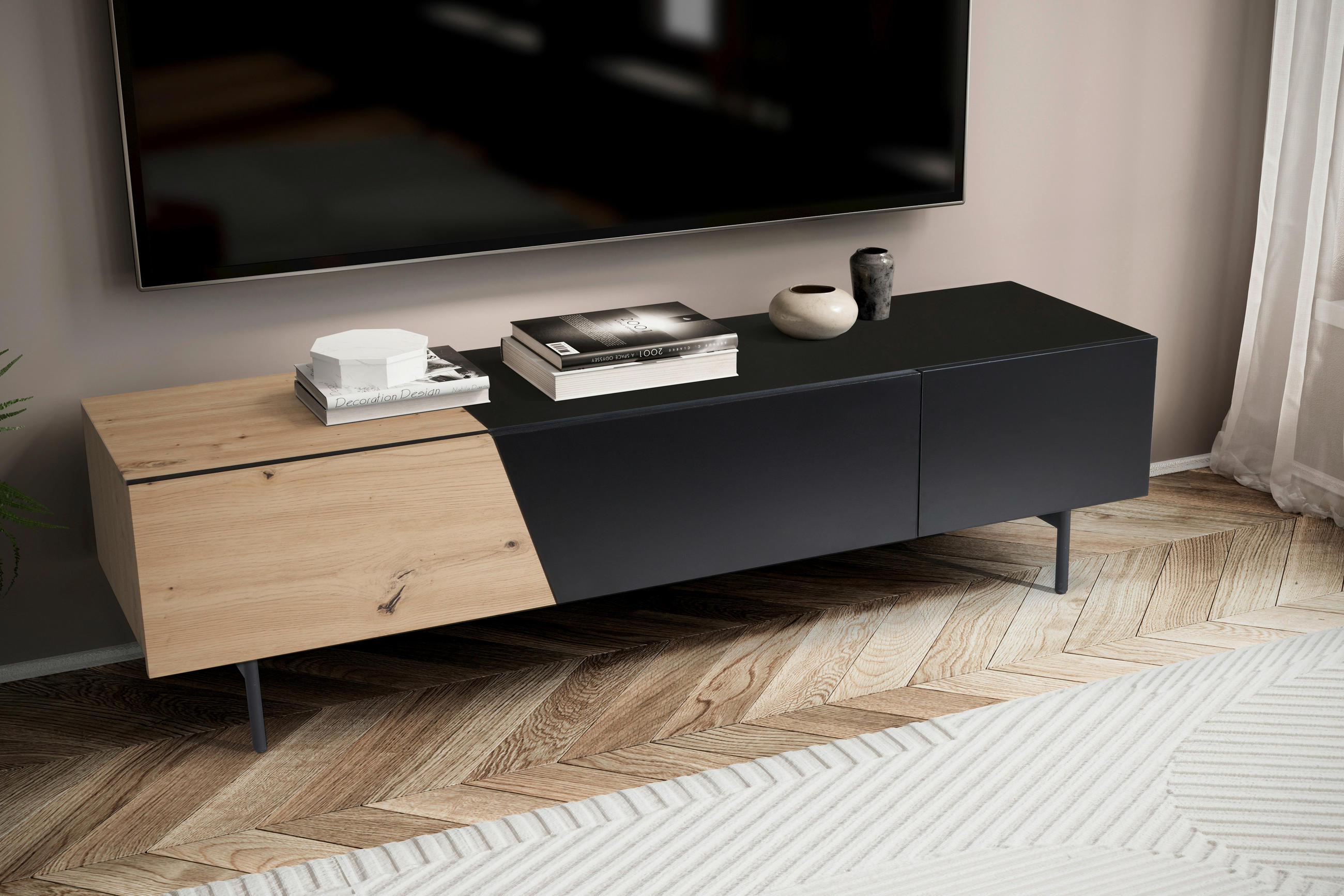 TV-BÄNK  i 150/40/40 cm  - svart/ekfärgad, Design, metall/trämaterial (150/40/40cm) - Livetastic