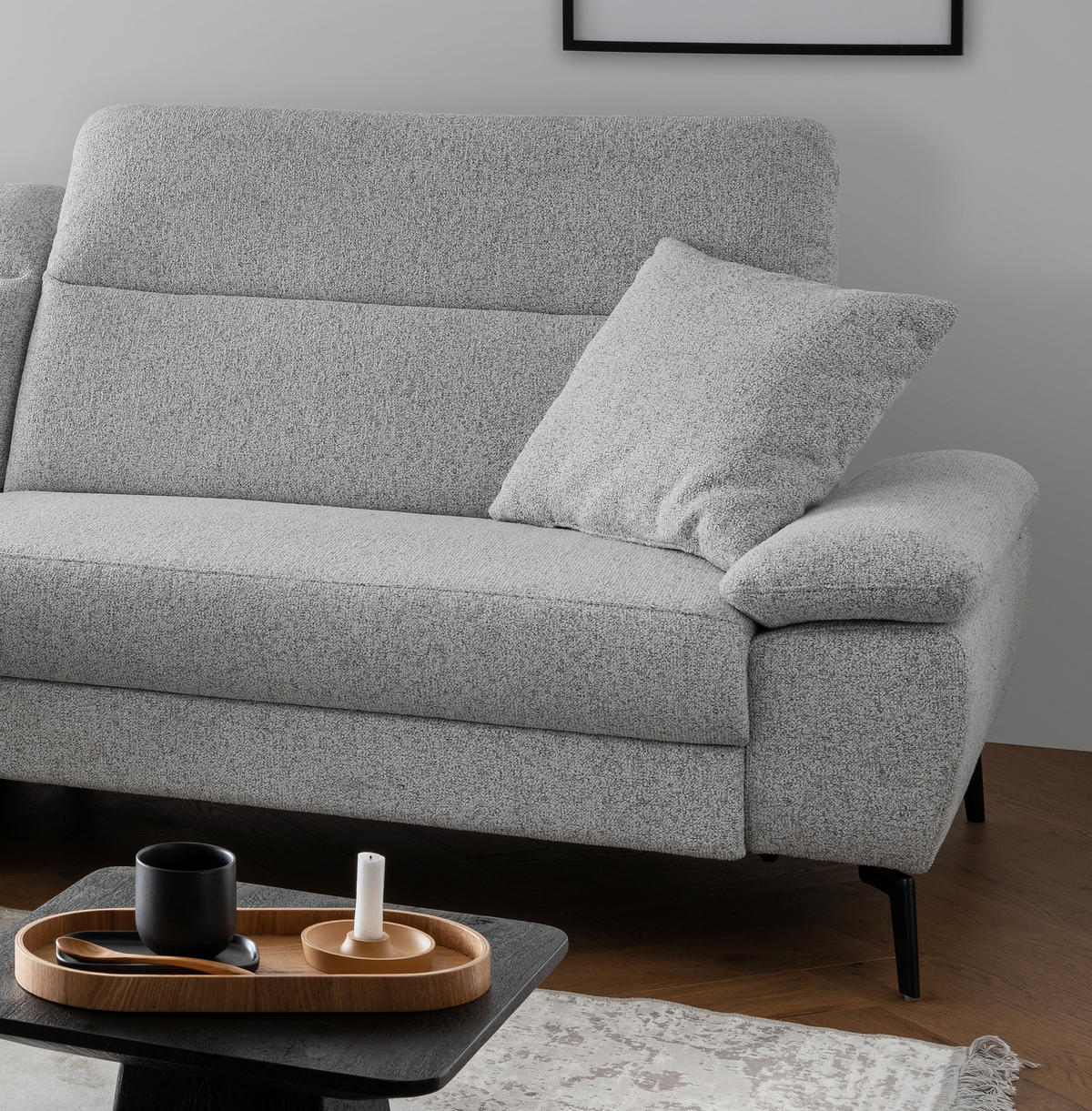 ECKSOFA CANCELLI Hellgrau Struktur Zierkissen, Kopfteilverstellung  - Hellgrau/Schwarz, KONVENTIONELL, Textil/Metall (178/300cm) - Livetastic