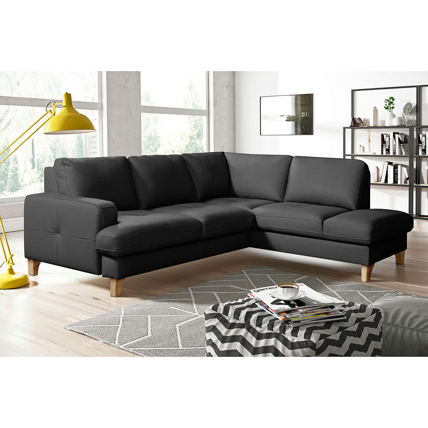 ECKSOFA  in Lederlook Echtleder Schwarz  234/190 cm  - Buchefarben/Schwarz, Design, Leder/Holz (234/190cm) - Livetastic