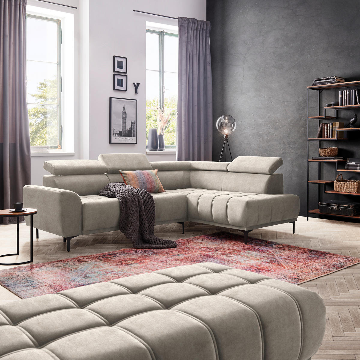 ECKSOFA in Velours Beige  - Beige/Schwarz, Design, Textil/Metall (261/191cm) - Stylife