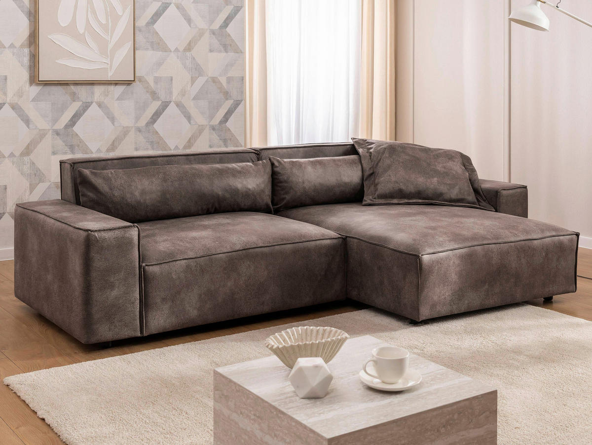 ECKSOFA Curduroy in Lederlook Graubraun Rückenkissen  251/142 cm  - Graubraun/Schwarz, Design, Kunststoff/Textil (251/142cm) - P & B