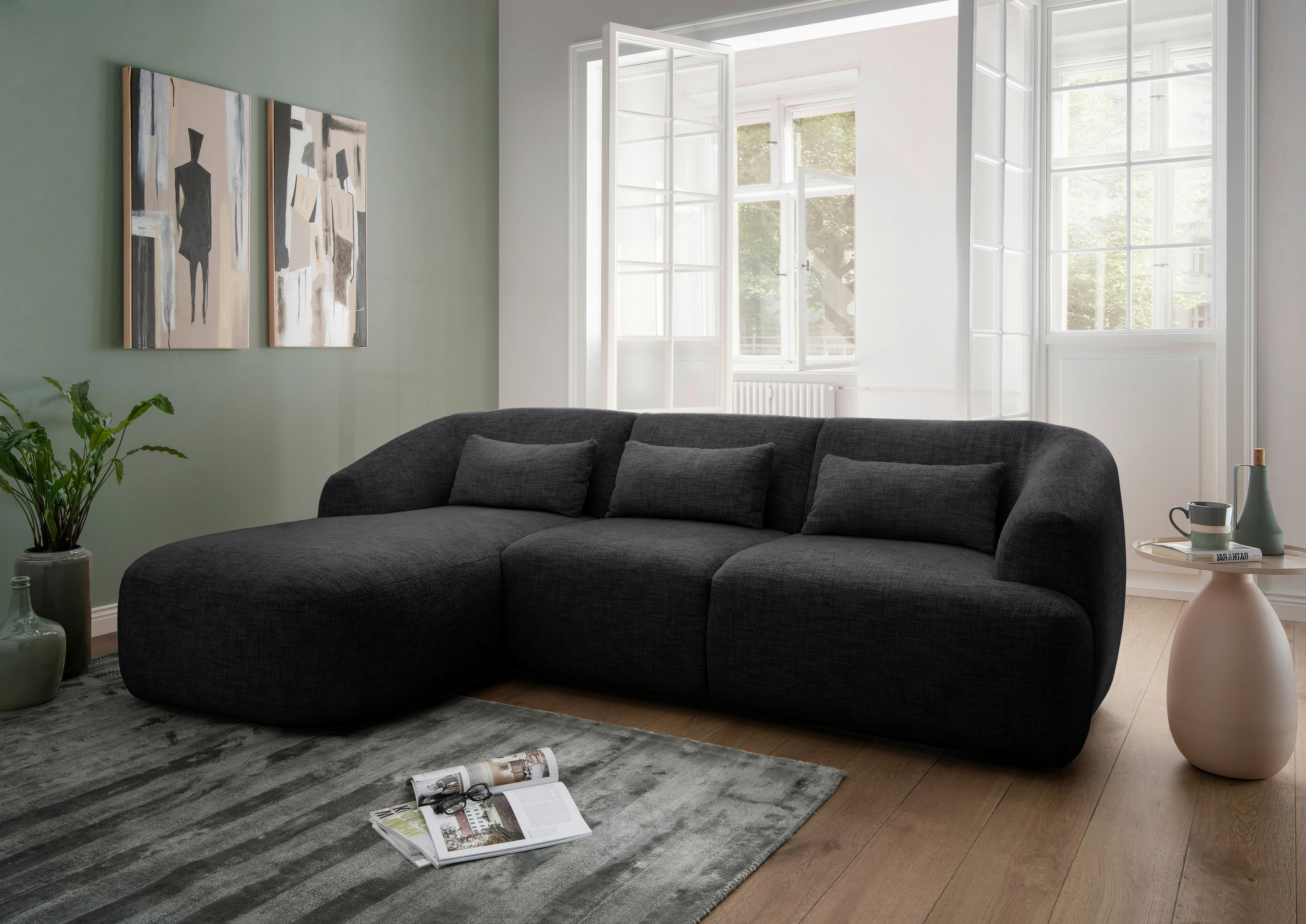 ECKSOFA in Struktur Schwarz  - Schwarz, Modern, Kunststoff/Textil (160/256cm) - Livetastic
