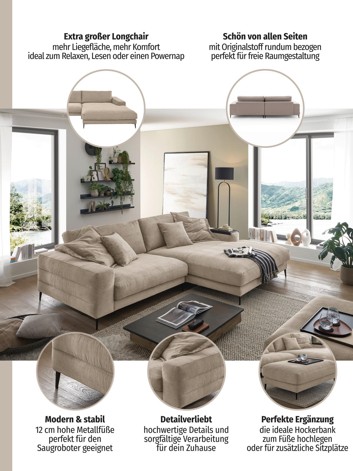 ECKSOFA Ottomane rechts  Olivgrün Feincord  - Schwarz/Olivgrün, Design, Textil/Metall (293/207cm) - Dieter Knoll