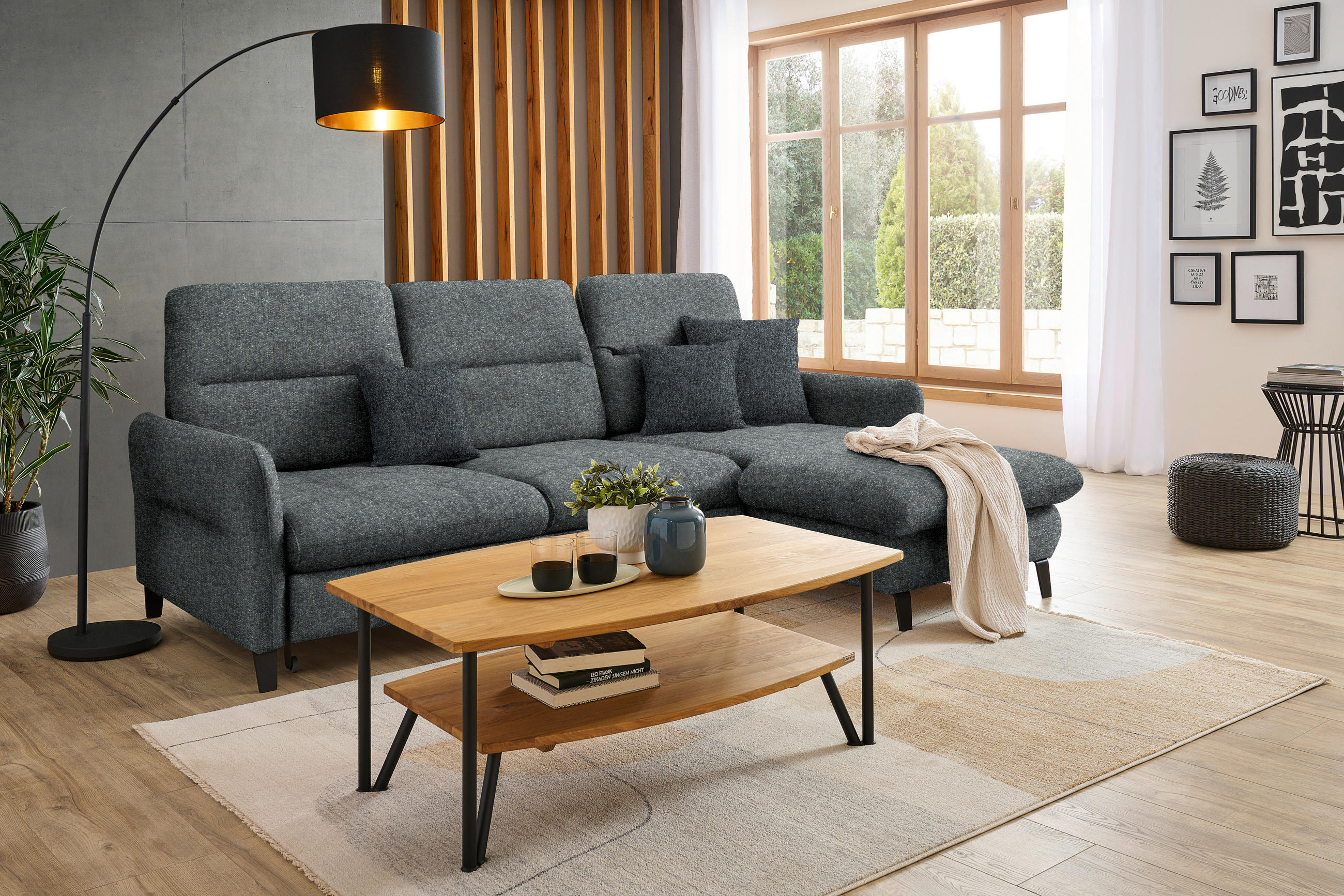 ECKSOFA in Chenille Grau  - Schwarz/Grau, KONVENTIONELL, Textil/Metall (254/190cm) - Stylife
