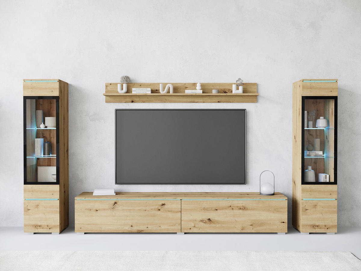 WOHNWAND 4-teilig  in Eiche Artisan 240/130/33 cm  - Eiche Artisan/Grau, Basics, Glas/Holzwerkstoff (240/130/33cm) - Livetastic