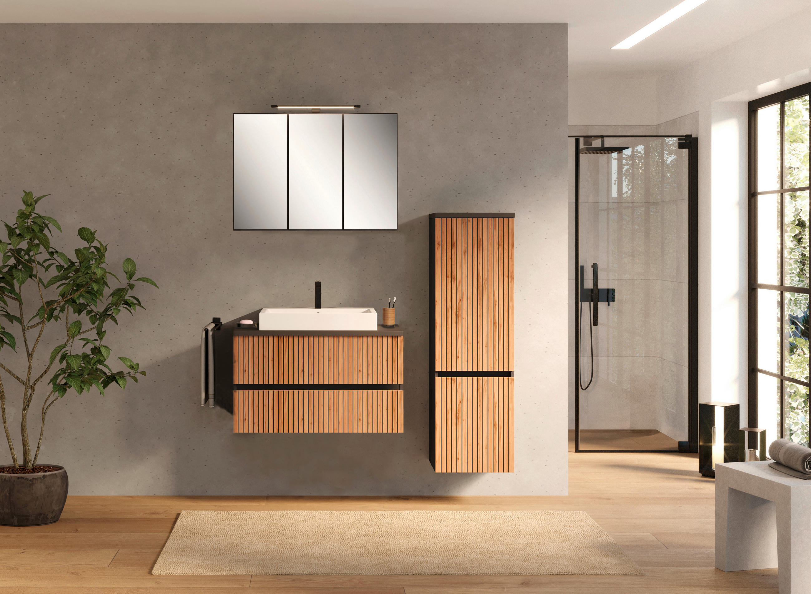 BADEZIMMER  in 130 cm  - Eiche Wotan/Graphitfarben, KONVENTIONELL, Glas/Keramik (130cm) - Xora