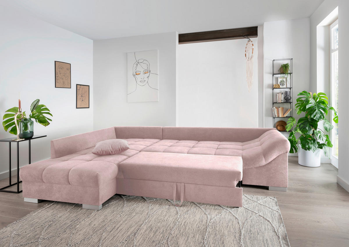 ECKSCHLAFSOFA Rosa Mikrofaser  - Silberfarben/Rosa, Design, Holz/Textil (202/298cm) - MID.YOU
