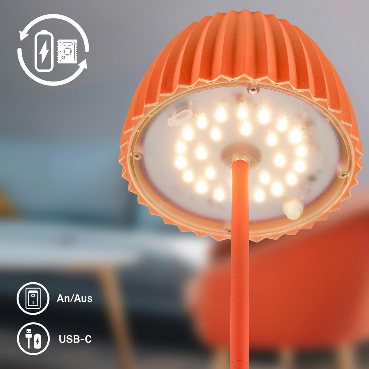 AKKU-TISCHLEUCHTE 14,5/36,5 cm  - Orange, Basics, Kunststoff/Metall (14,5/36,5cm)