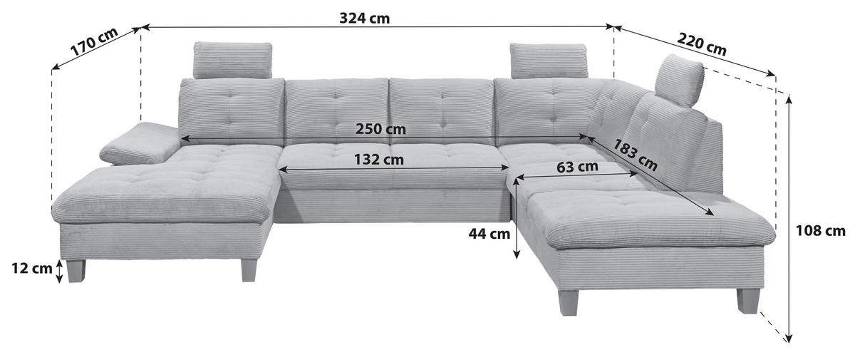 WOHNLANDSCHAFT Anthrazit Cord  - Eichefarben/Anthrazit, KONVENTIONELL, Holz/Textil (170/324/220cm) - MID.YOU