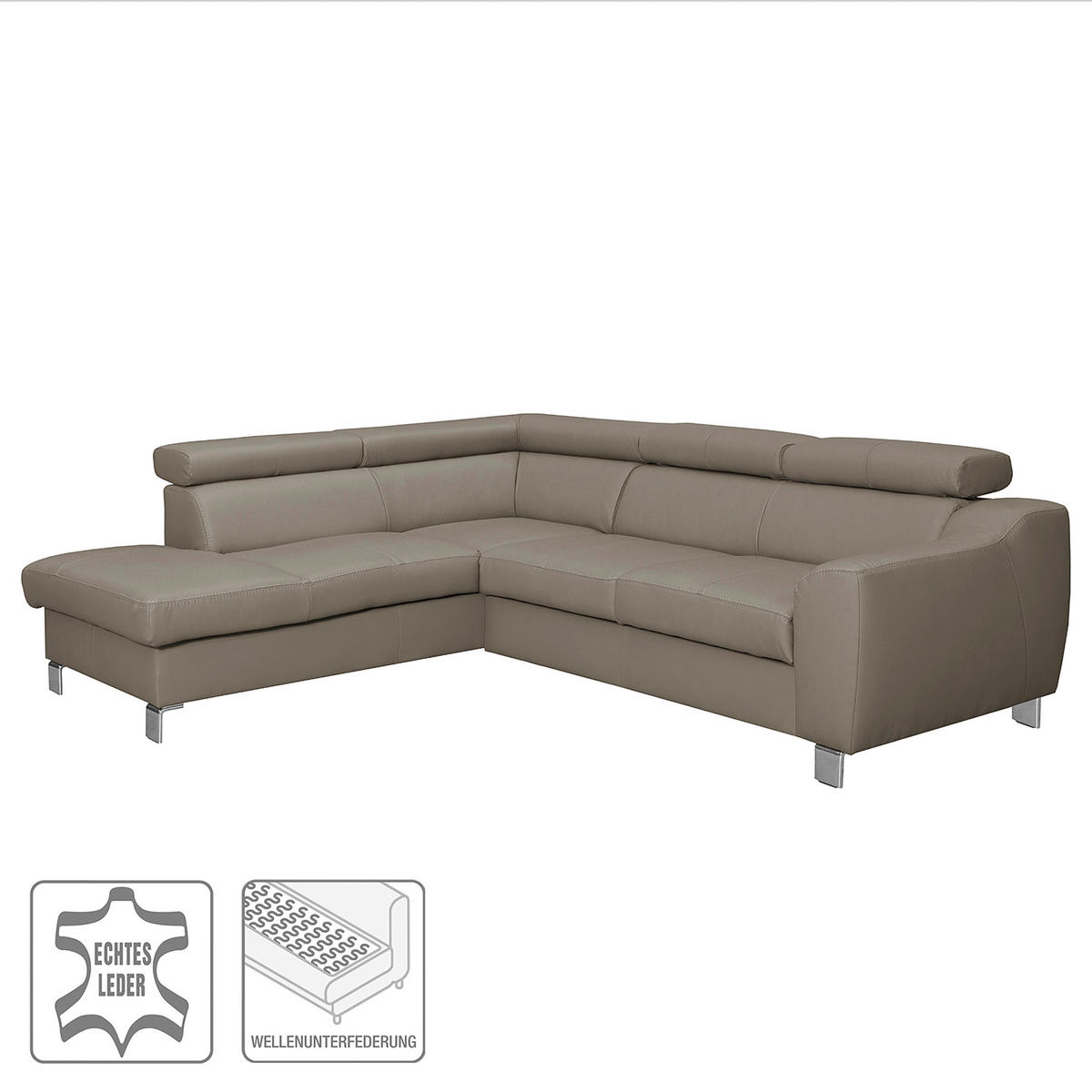 ECKSOFA Taupe Echtleder Lederlook  - Taupe/Chromfarben, Design, Leder/Textil (208/245cm) - Livetastic