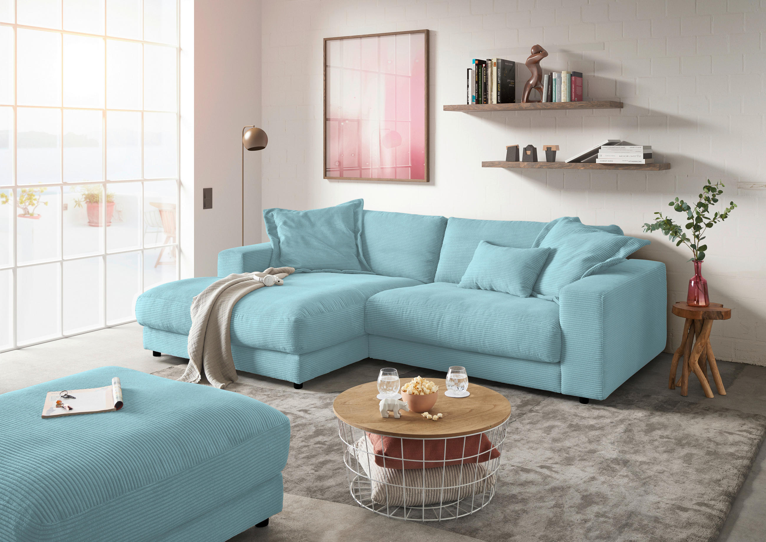 ECKSOFA in Cord Hellblau  - Schwarz/Hellblau, Design, Kunststoff/Textil (190/270cm) - Lomoco