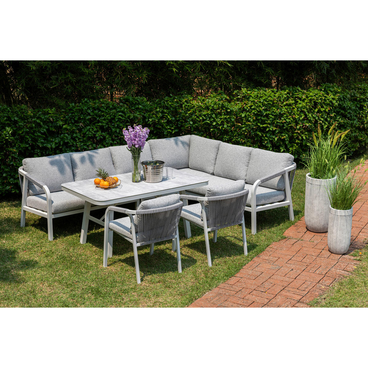 DINING-LOUNGESET  - Weiß/Grau, MODERN, Glas/Textil - Gardenson