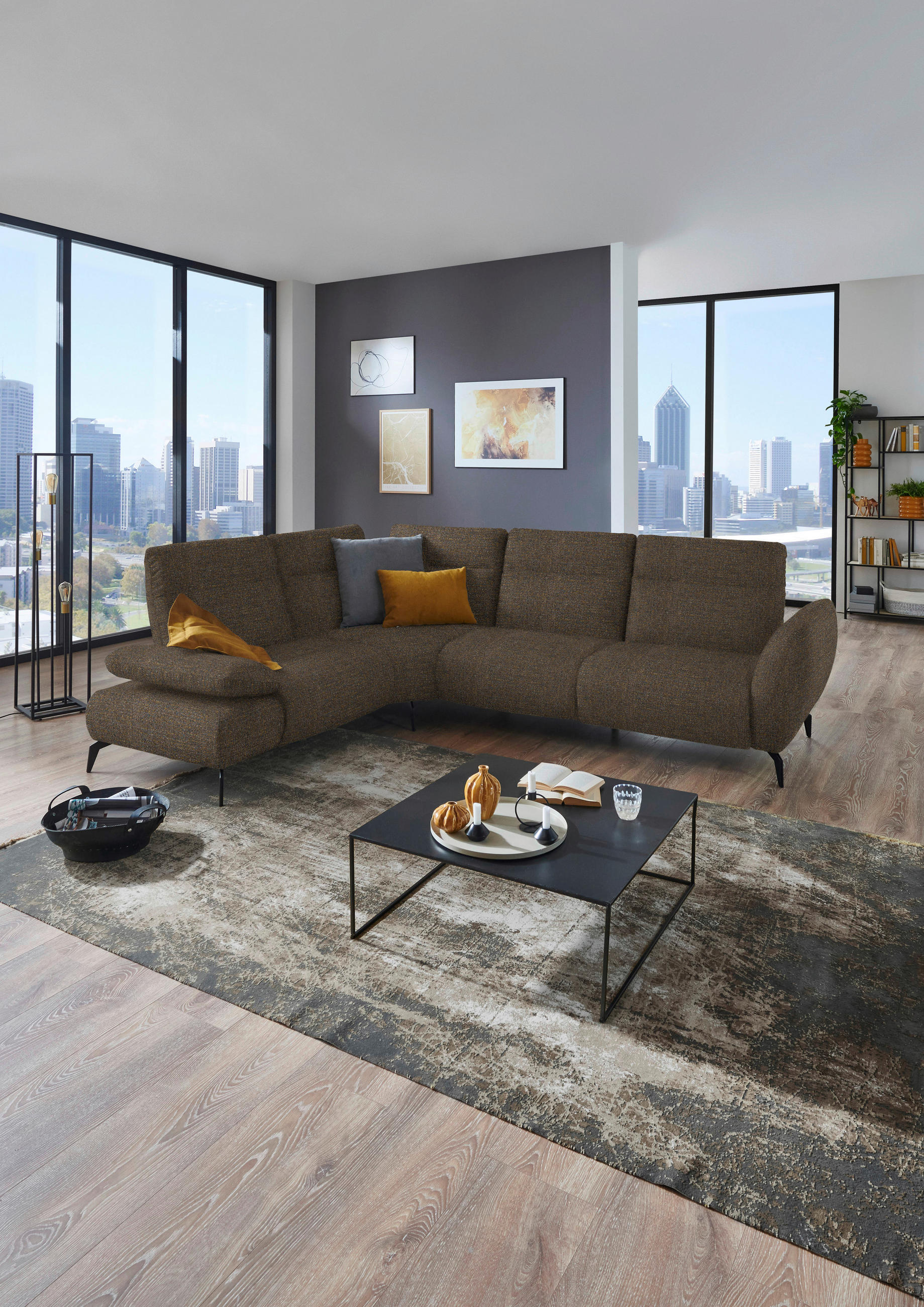 ECKSOFA in Webstoff Braun  223/290 cm  - Schwarz/Braun, Design, Textil/Metall (223/290cm) - Moderano