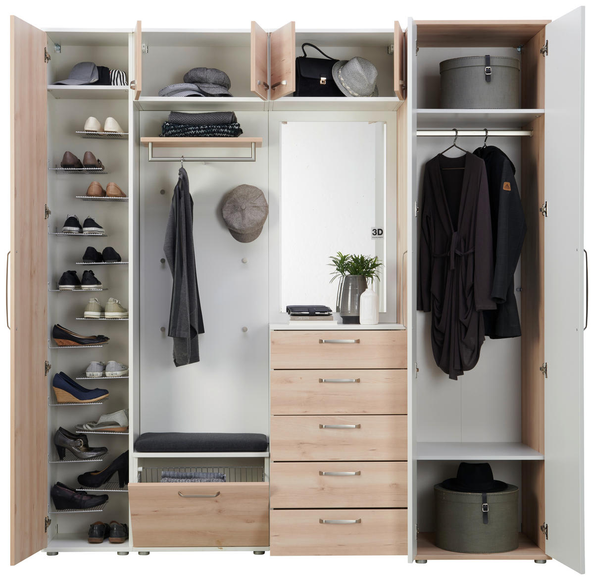 GARDEROBE 8-teilig  in 221/233/56 cm  - Buchefarben/Weiß, Design, Holzwerkstoff (221/233/56cm) - Moderano